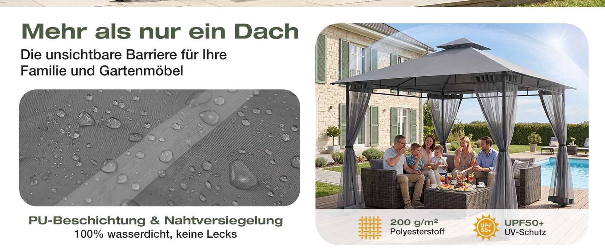 Sekey Pavillon 3×3 m Gartenpavillon Wasserdicht Doppeldach Gartenzelt mit Moskitonetz UV50+ Partyzelt Festzelt