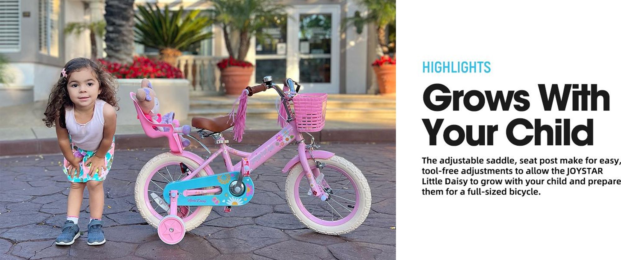 HILAND Joystar 14 Zoll Kinderfahrrad mit Stützrädern, Puppenfahrradsitz, Luftschlangen, Korb, Klingel, DIY-Aufklebern, Schutzblechen, für Mädchen,Rosa