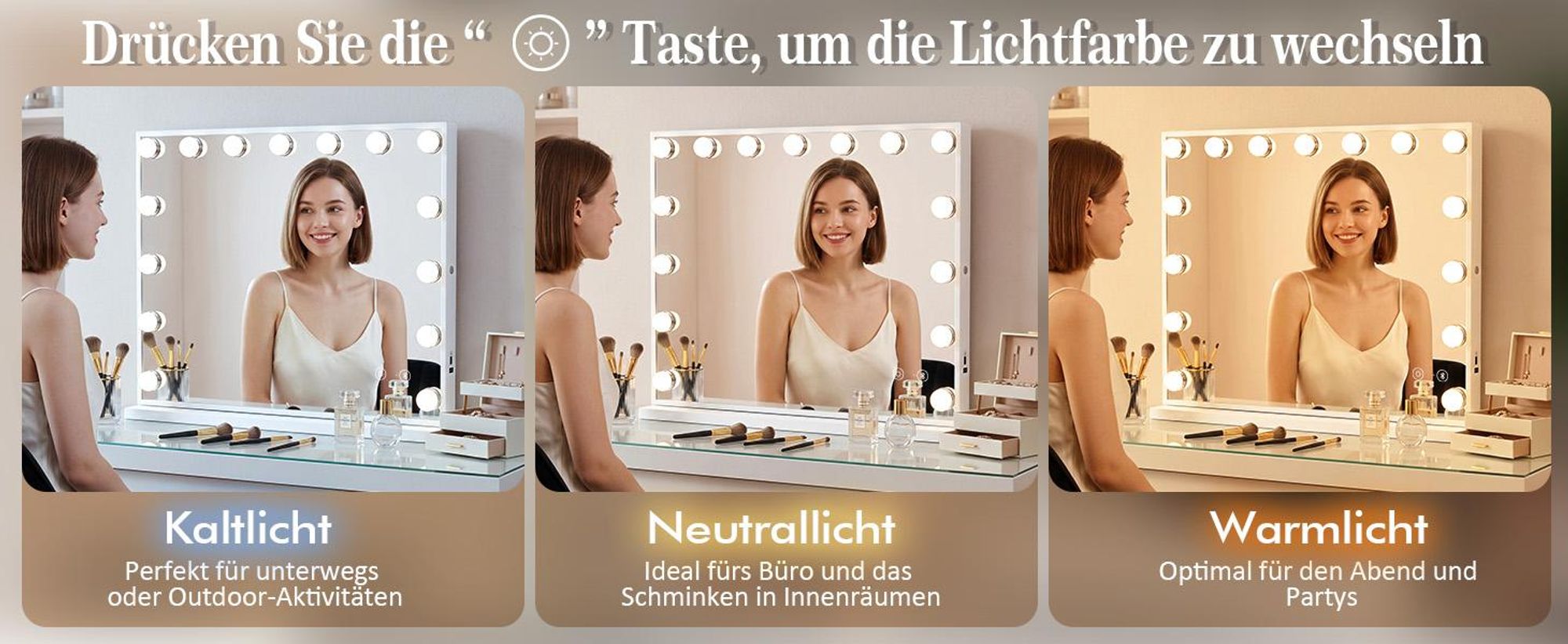 VANITII Hollywood Schminkspiegel 58cm x 46cm mit Beleuchtung 15 Dimmer Leuchten 3 Lichtmodus Bluetooth Kosmetikspiegel für Badzimmer Schminktisch Weiß