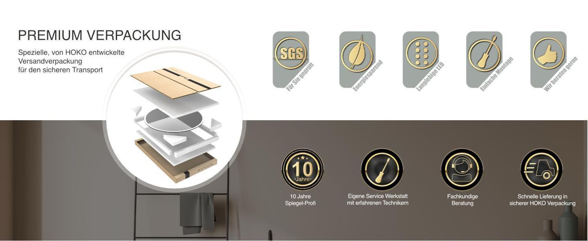HOKO LED Bogenspiegel mit Metallrahmen 60x100 cm Anti-fog Warmweiß & Kaltweiß Badezimmer & Flur Touch-Sensor & Memory-Funktion