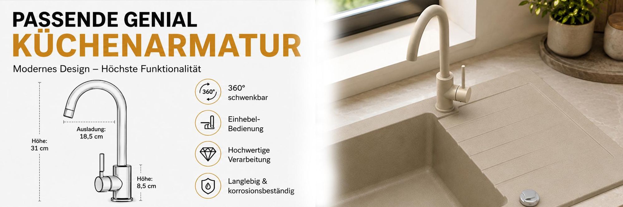 [Granitspüle 76x44 Beige]Hochwertig beidseitig Montierbar Küchenspüle Eckig Einbaugranitspüle Granit Spülbecken f. Unterschränke ab 45 cm inkl.Sipho