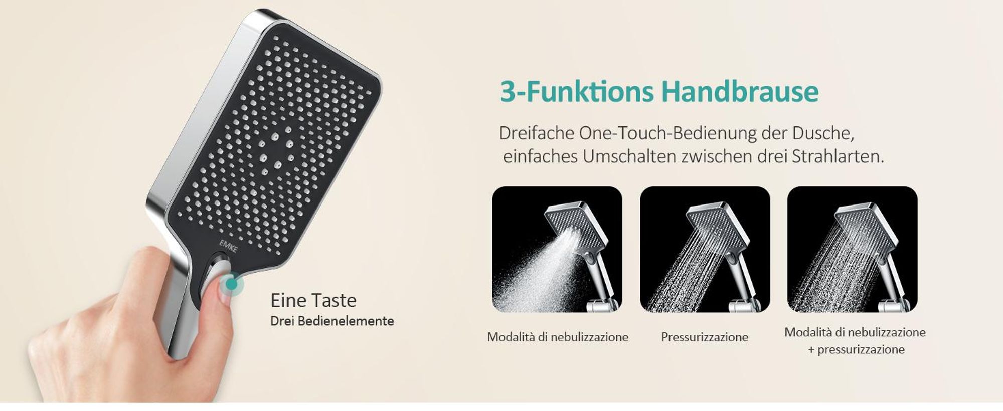 Sistema doccia EMKE con termostatico mensola in vetro doccetta 3 modalità di getto doccia a pioggia, rubinetteria per bagno e doccia, a parete,  KTW, cromo - F09