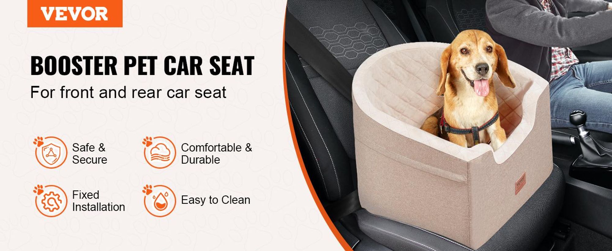 VEVOR Hundesitz fürs Auto, Hundebuster-Sitz für das Auto mit Stützrahmen, Haustierautositz mit Clip-on Sicherheitsleine, Baumwollfüllung, Hundebett fürs Auto für kleine Hunde bis 26 lbs, Grau, Braun + Hellbeige