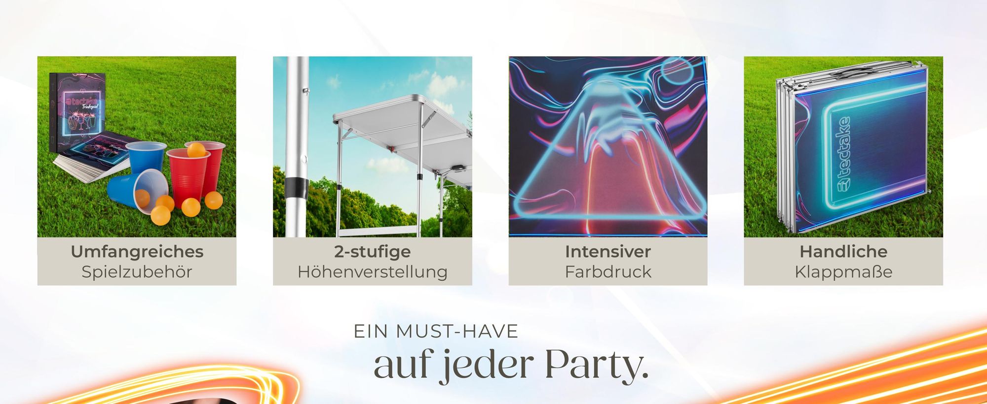 tectake® Aluminium Bierpongtisch BeerWars I mit LED-Beleuchtung inklusive 100 Bechern, 6 Bällen und Kartentrinkspiel