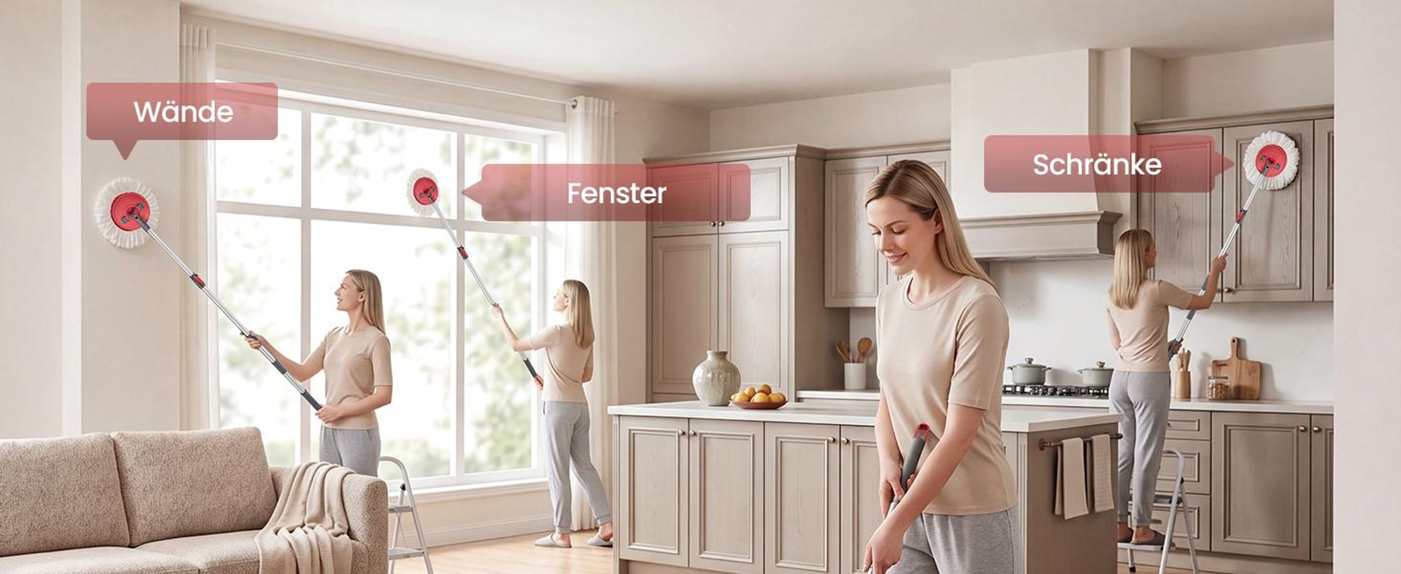 SONGMICS Wischmopp-Set mit Schleudereimer, Bodenwischer mit Auswringfunktion, Teleskopstiel, Haushalt, 2 Bezüge, grau-rot