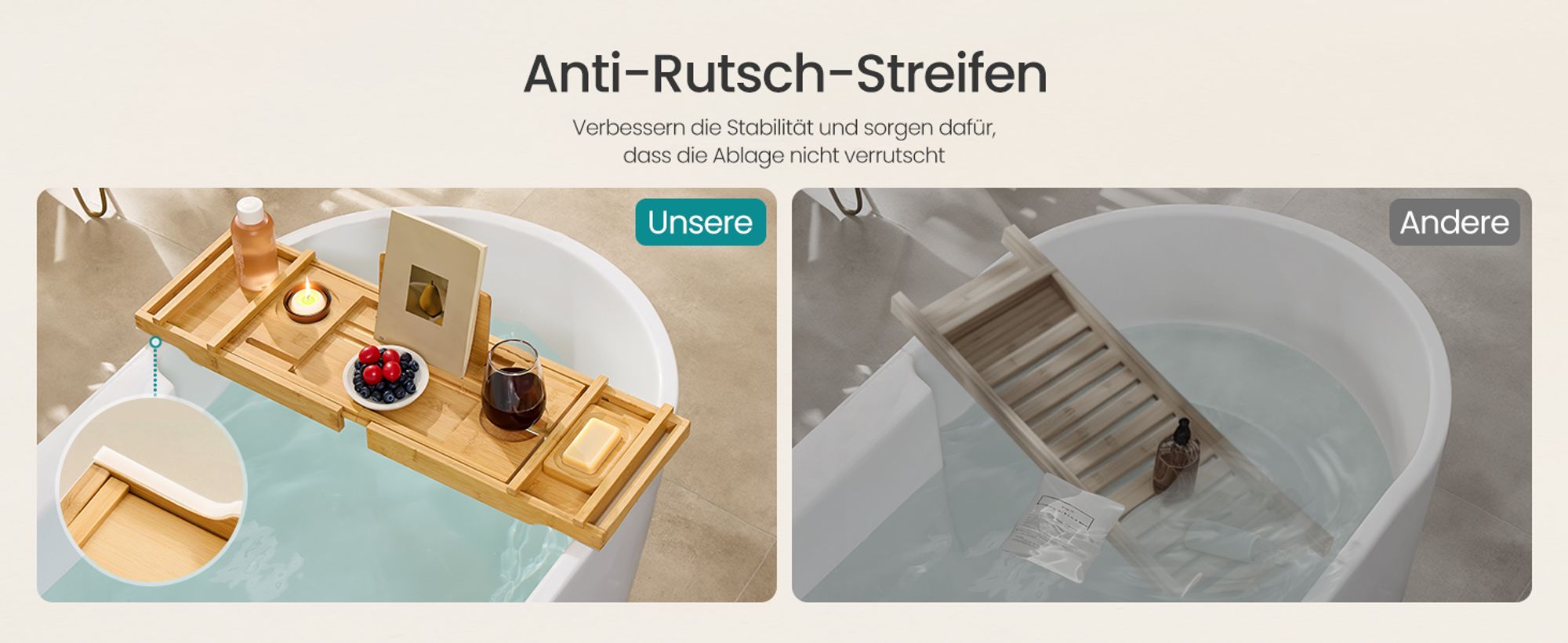 SONGMICS Badewannenablage ausziehbar, aus Bambus, zusammenklappbar, rutschfest