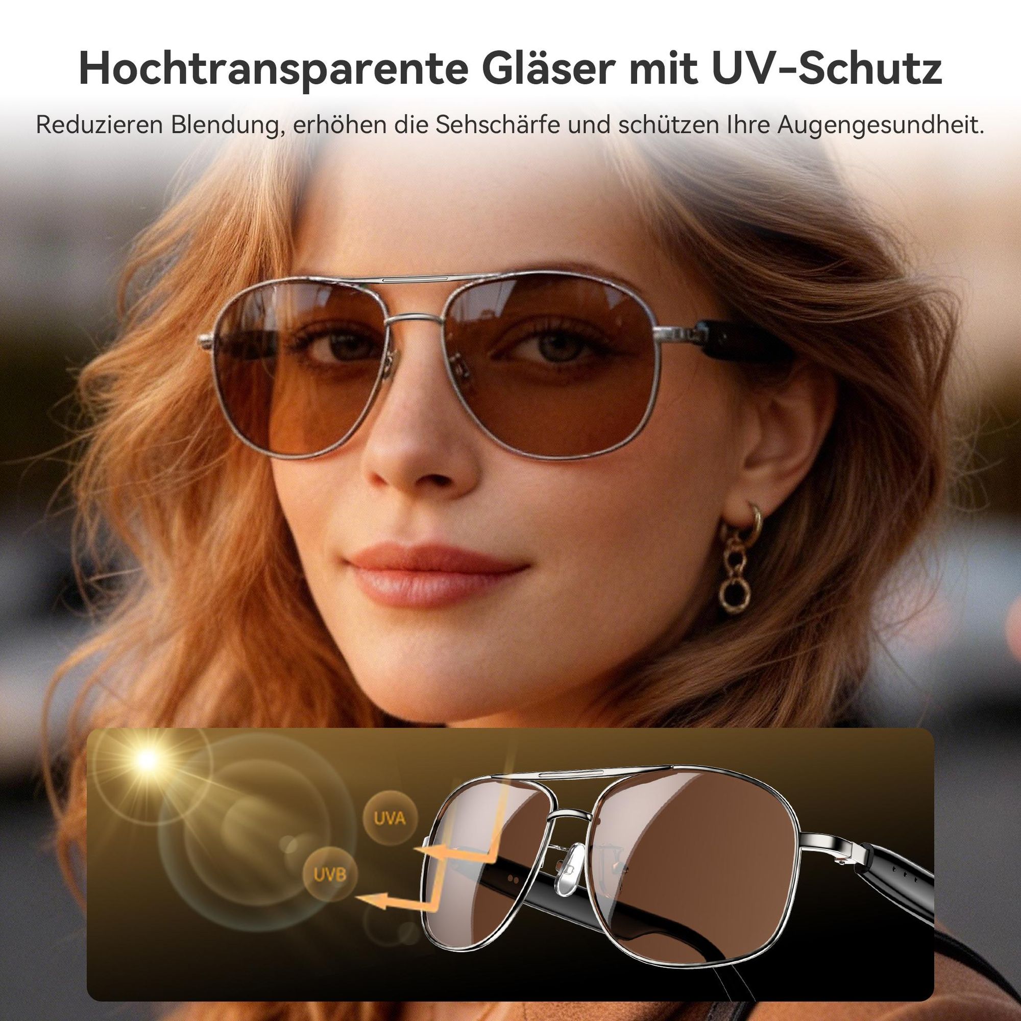 Blackview D1 Pro Smartbrille Bluetooth 6.0, 360° Raumklang, KI-Sprachsteuerung, IP54 Wasserfest, 6 Std. Musik, Leichte Metallbrille mit UV-Schutz