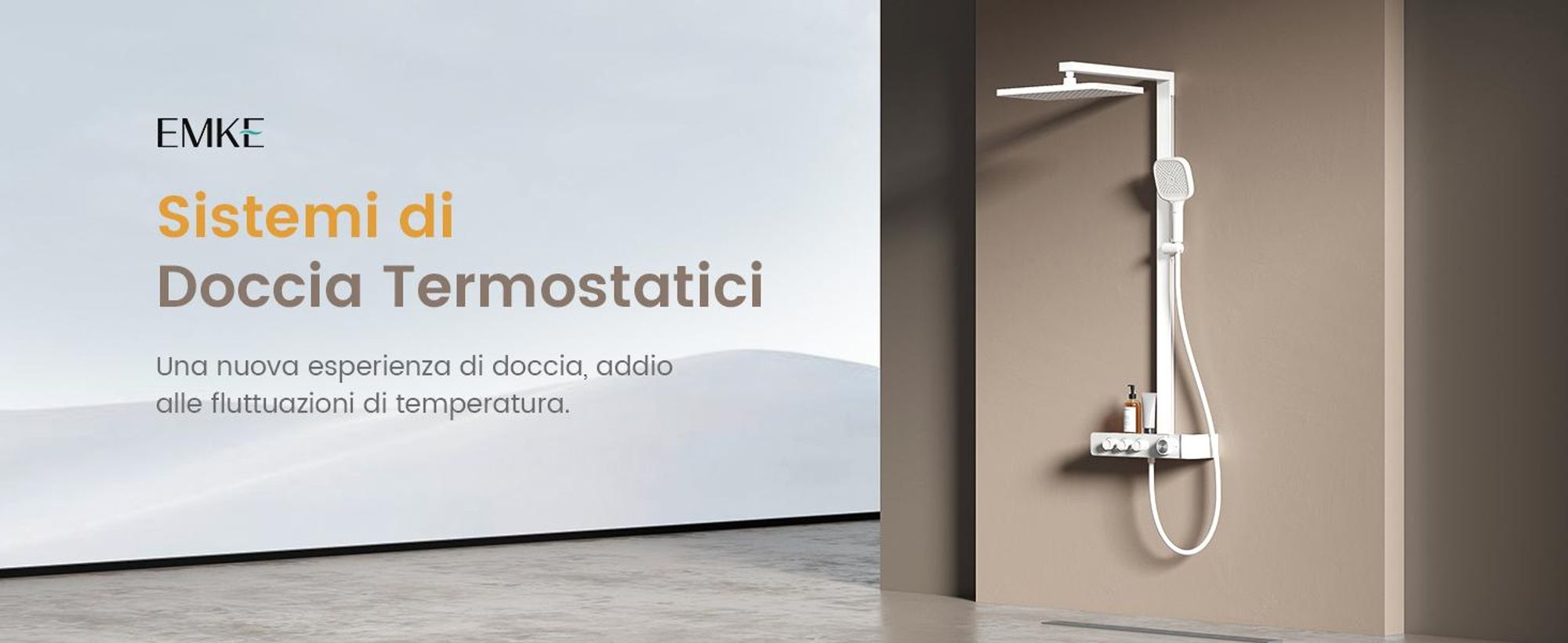 Sistema doccia EMKE con termostato Colonna doccia bianca con doccia a pioggia quadrata 360×240 mm, bocca di erogazione, regolatore di flusso e mensola in vetro F27
