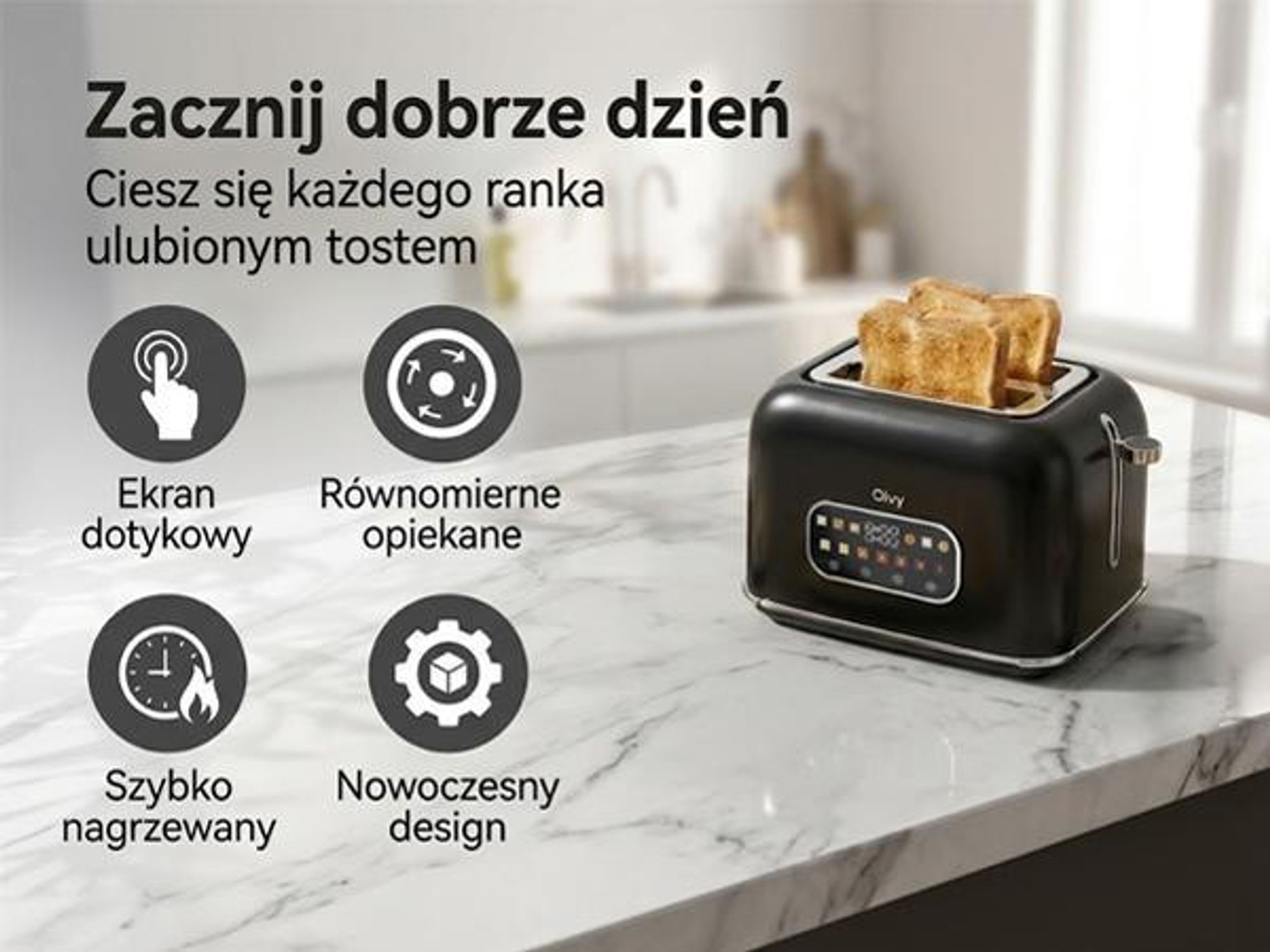 Toster Olvy, ekran dotykowy z timerem, 7 stopni opalania, bardzo szerokie szczeliny, 6 programów, w tym bagel i gofr, funkcja rozmrażania i podgrzewania, czarny