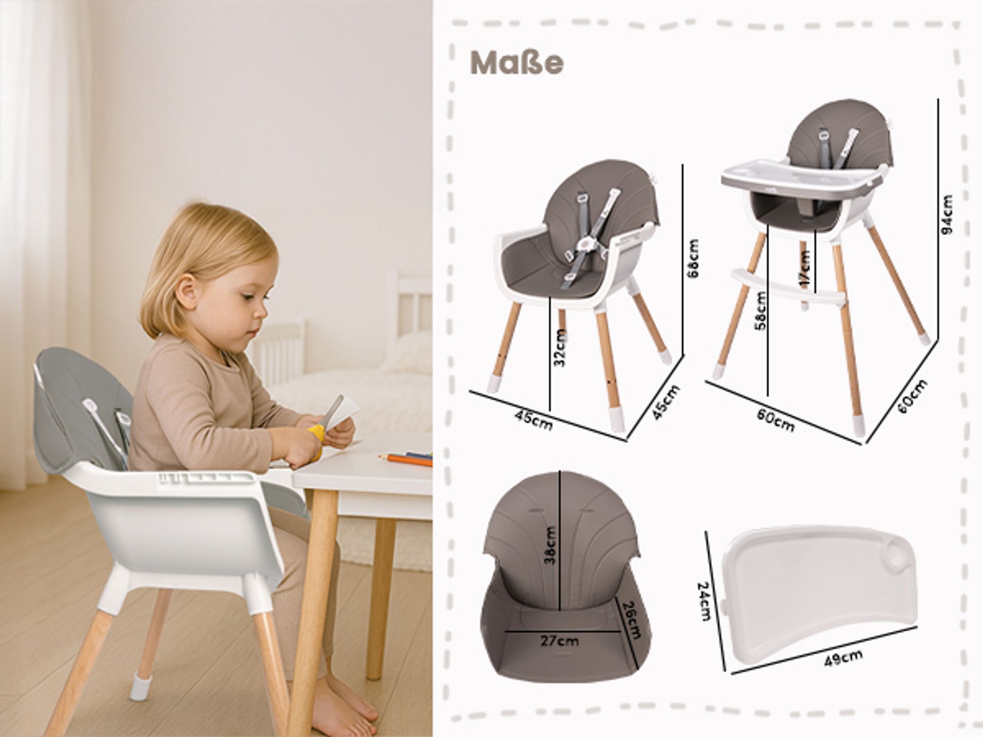 Hochstuhl verstellbarer mit Tablett wachsender Babystuhl schmutzabweisend
