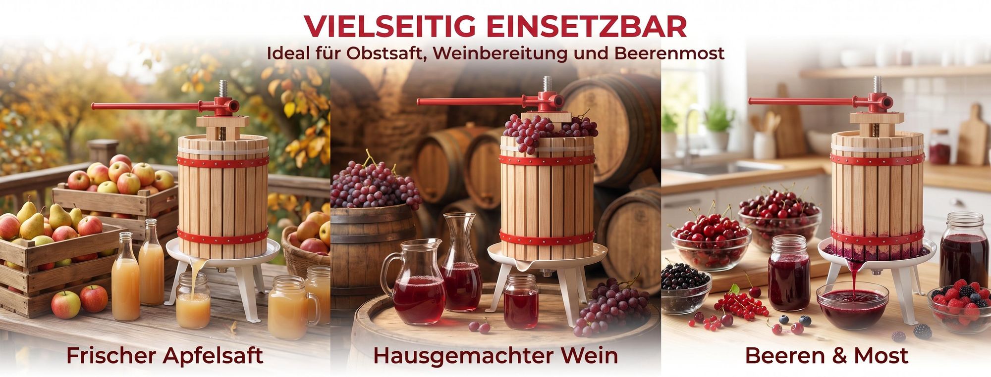 ROSEJANE Obstpresse 18 L, manuelle Saftpresse mit Eichenholz-Presskorb, Traubenpresse für Obst, Saft und Wein