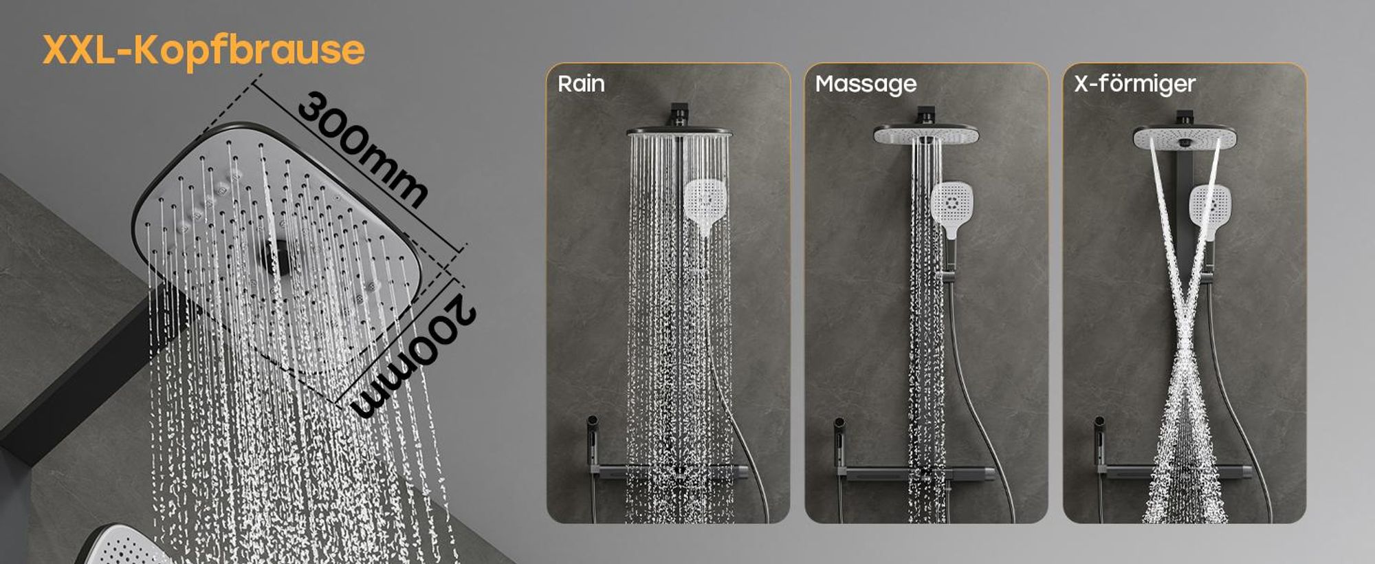 HOROW RainFlexi N2 Duschsystem mit Thermostat, Grau Regendusche Set mit 2 Handbrause, Wasserfallauslauf, Große Kopfbrause, Höhenverstellbar Duschset