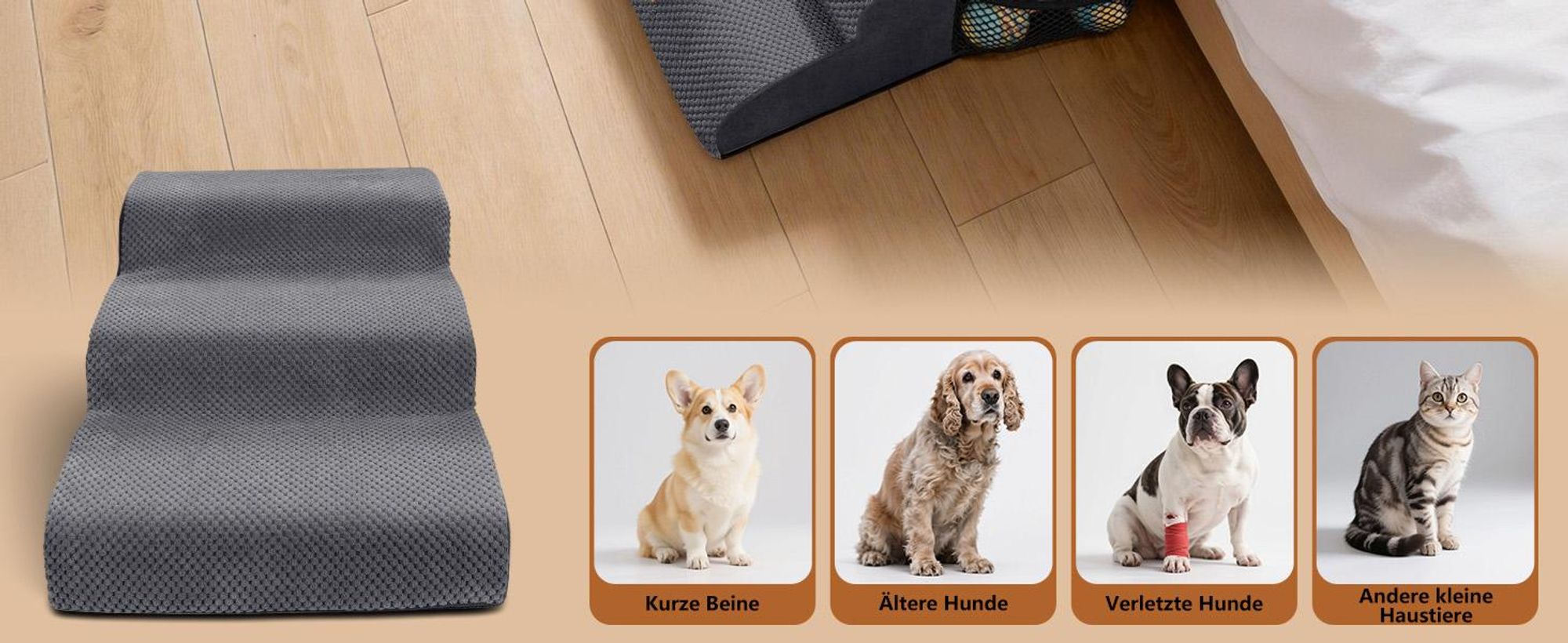 Hundetreppe, 3-stufige Haustiertreppe, Katzentreppe, Rutschfeste Haustierrampe, 40cm Hoch, Abnehmbar und waschbar, für Bett & Sofa