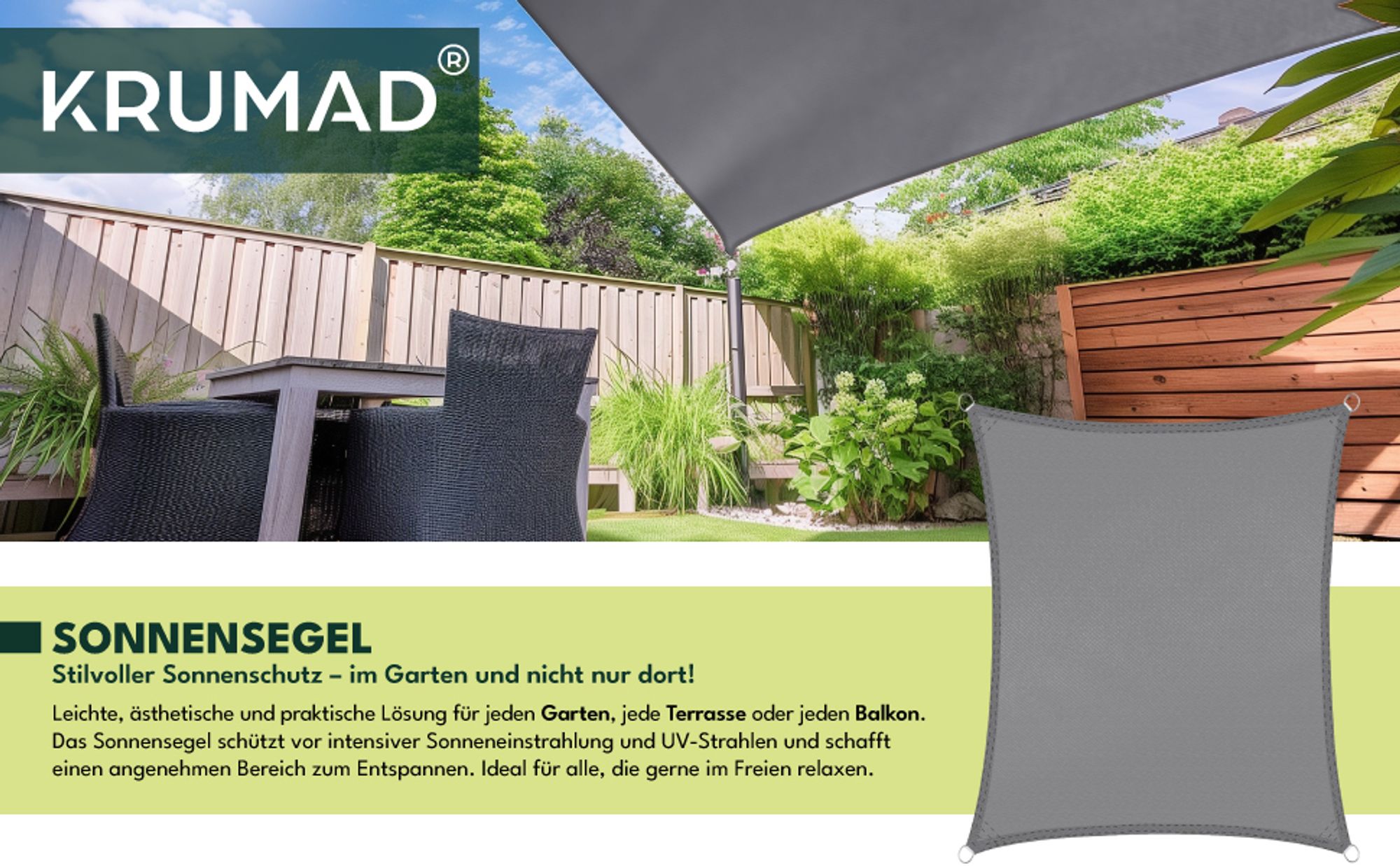 KRUMAD Sonnensegel Rechteckig 3x2 m Grau Sonnenschutz Wasserabweisendes UV Wetterfest mit Befestigungsseilen