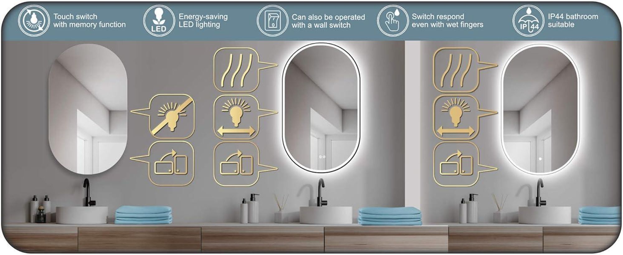 HOKO LED Specchio ovale con cornice in metallo 50x90 cm Antiappannamento Bianco caldo e bianco freddo Bagno e corridoio Sensore tattile e funzione memoria
