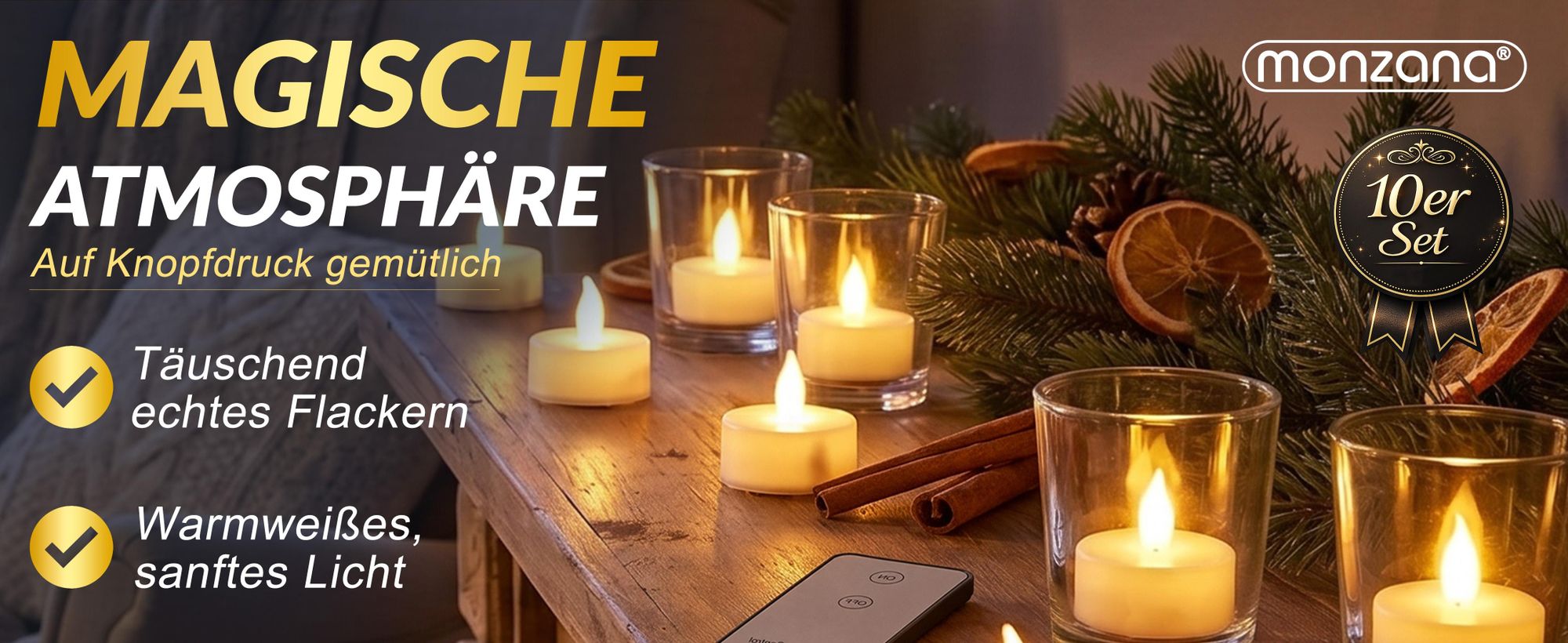 MONZANA LED Teelichter mit Fernbedienung, flackernd, 10er Set