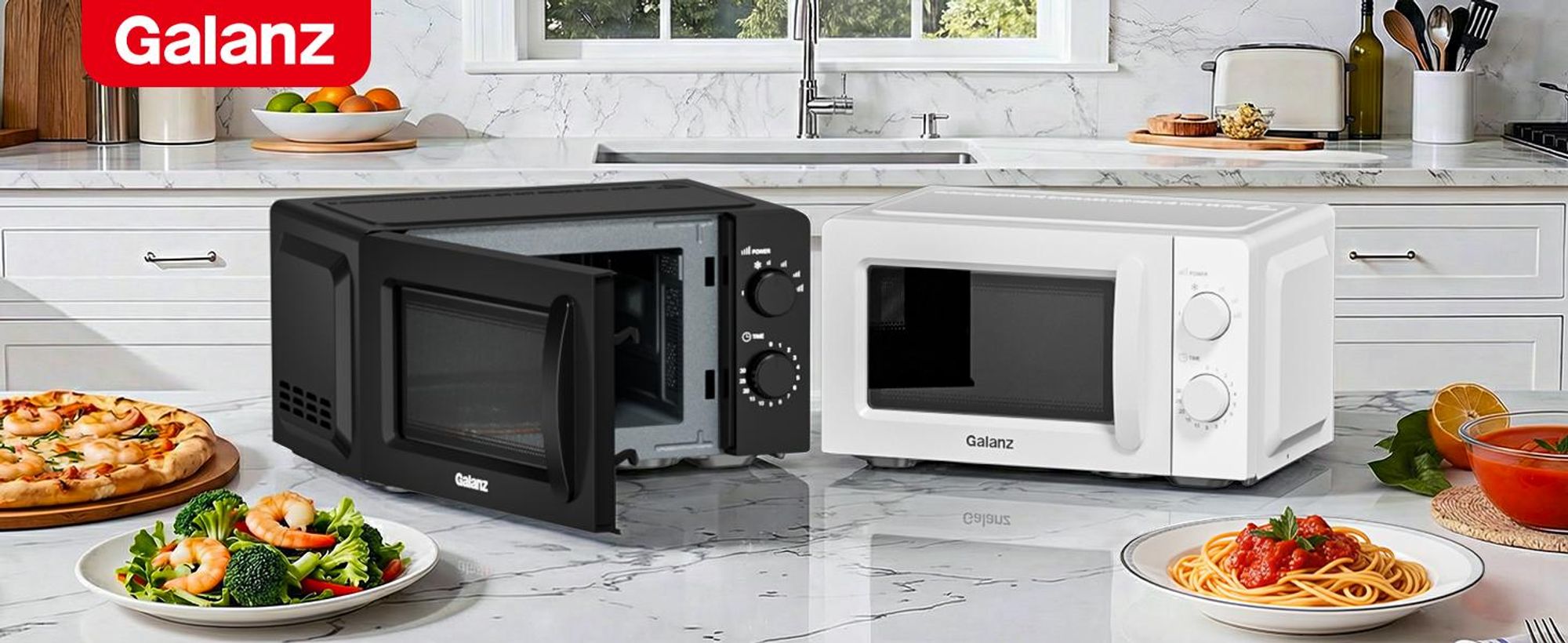 Galanz Mikrowelle 20L Weiß 700W mit Auftaufunktion, 6 Leistungsstufen und Glasdrehteller
