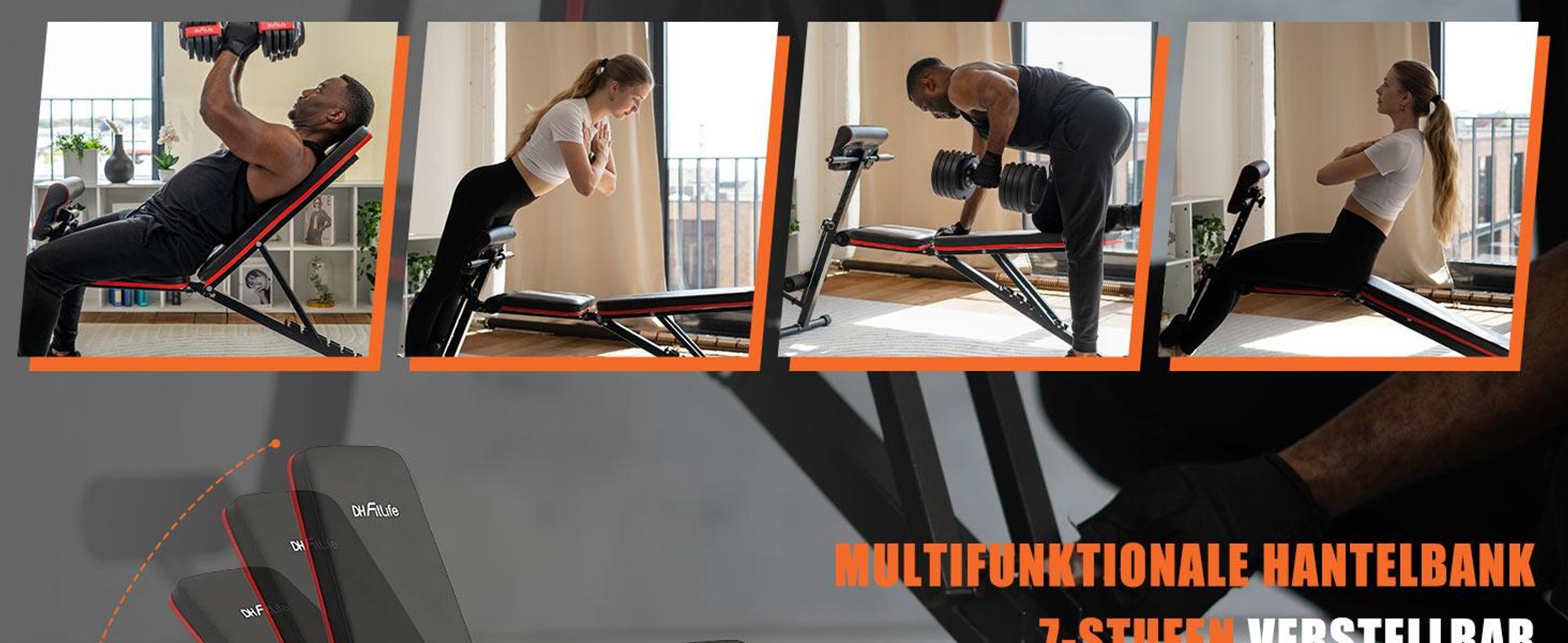 DH FitLife Hantelbank klappbar mit Curlbank & Beinstrecker | Weight Bench for Home Workout | Trainingsbank multifunktional | Fitness Bank | Schrägbank