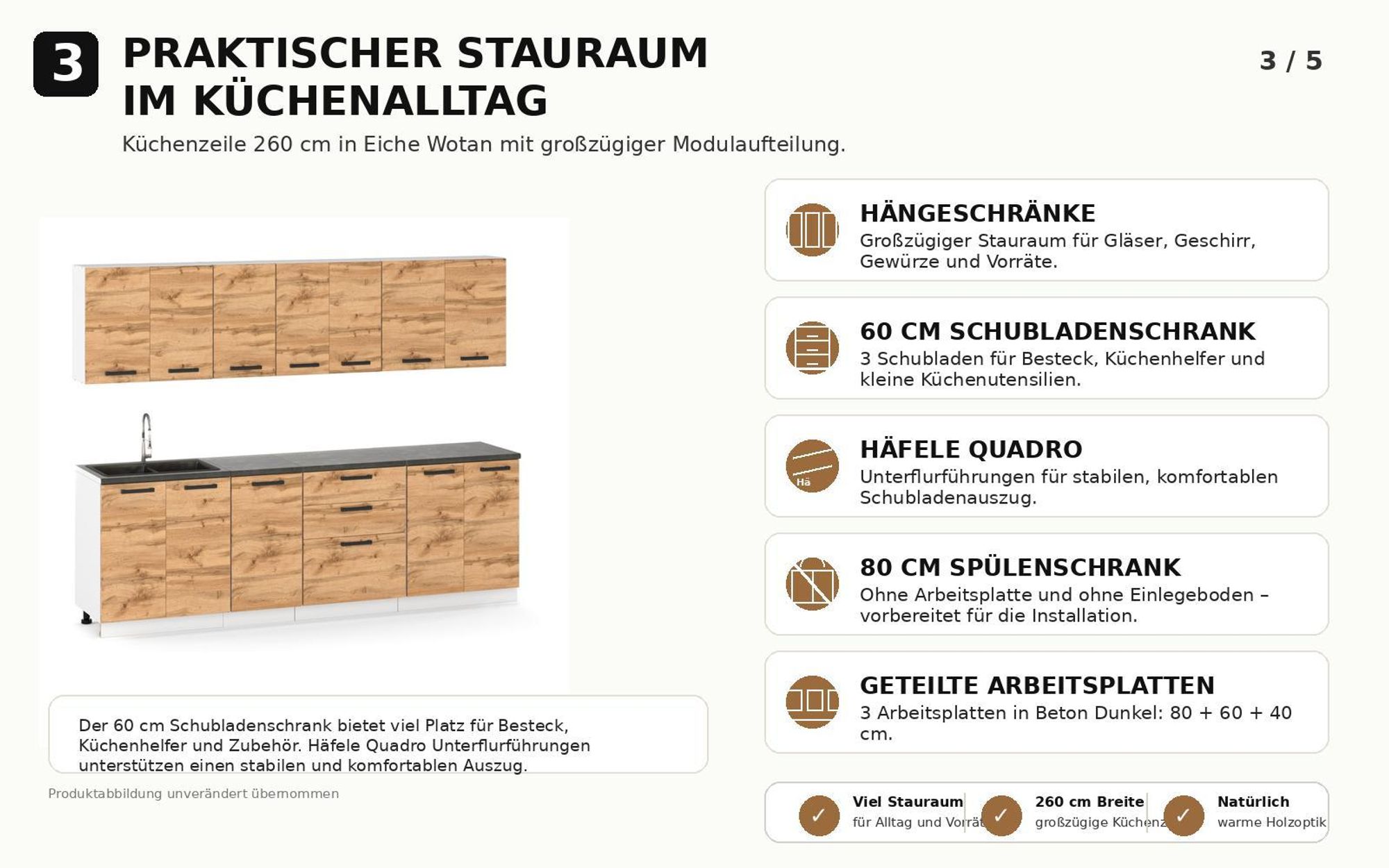 Praktische Stauraumlösungen mit Hängeschränken, Schubladen und 260 cm Breite