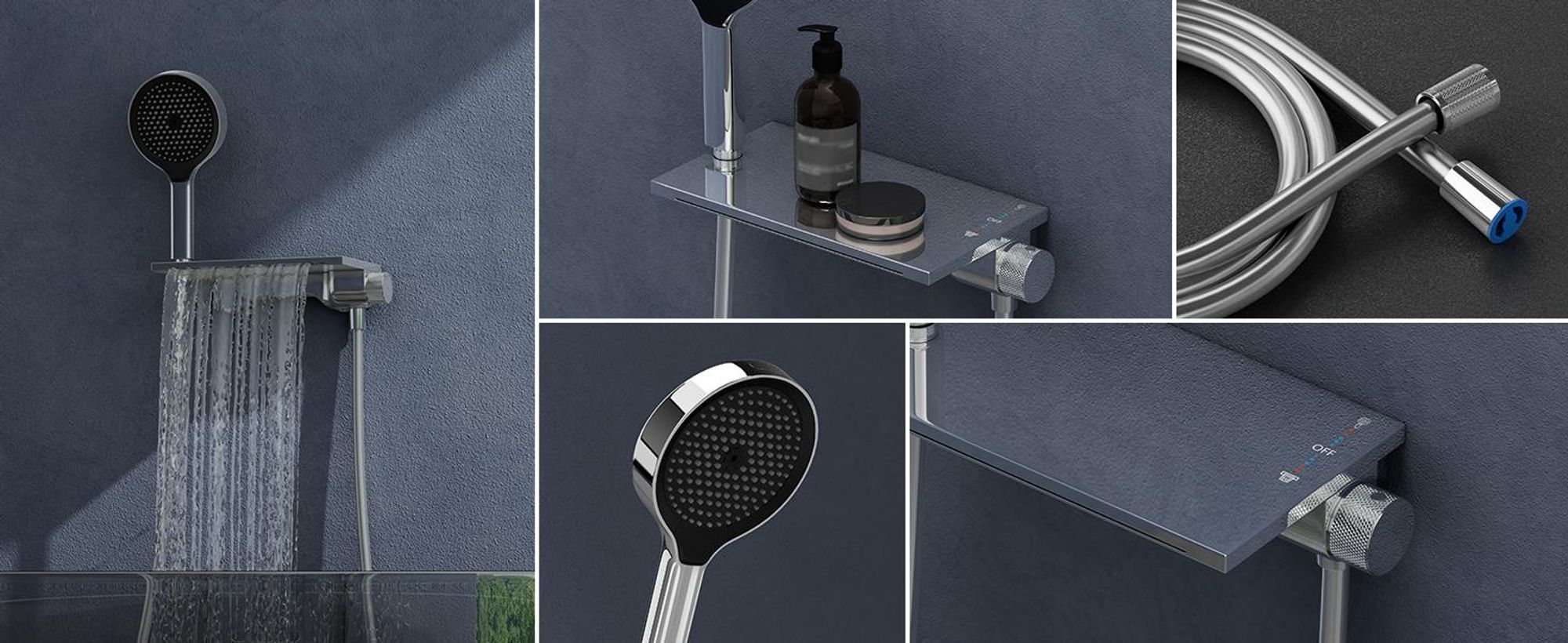 doporro Badewannenarmatur mit Handbrause, Wasserfallauslauf, Duscharmatur Komplettset aus Messing mit 4 Strahlarten, 1.5m Brauseschlauch Silber DSN-401
