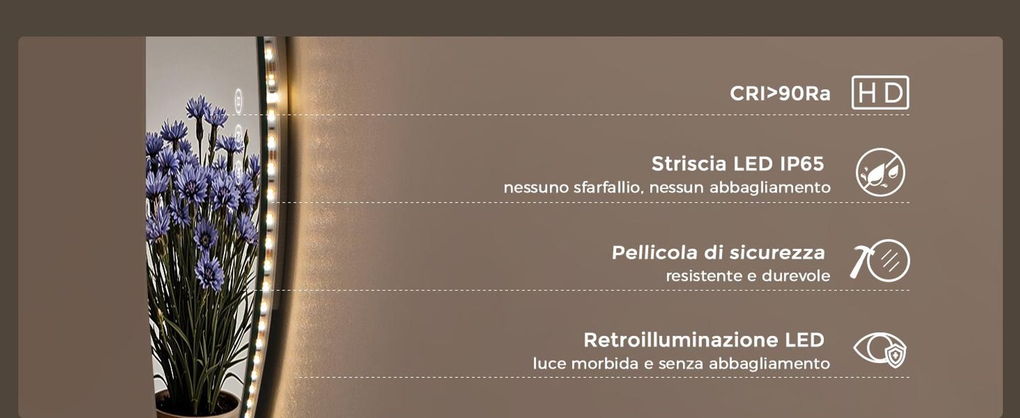 S'AFIELINA Specchio Bagno LED 60 x 70 cm, Retroilluminato, Senza Cornice, 3 colori di luce, luminosità regolabile, antiappannamento e memoria.