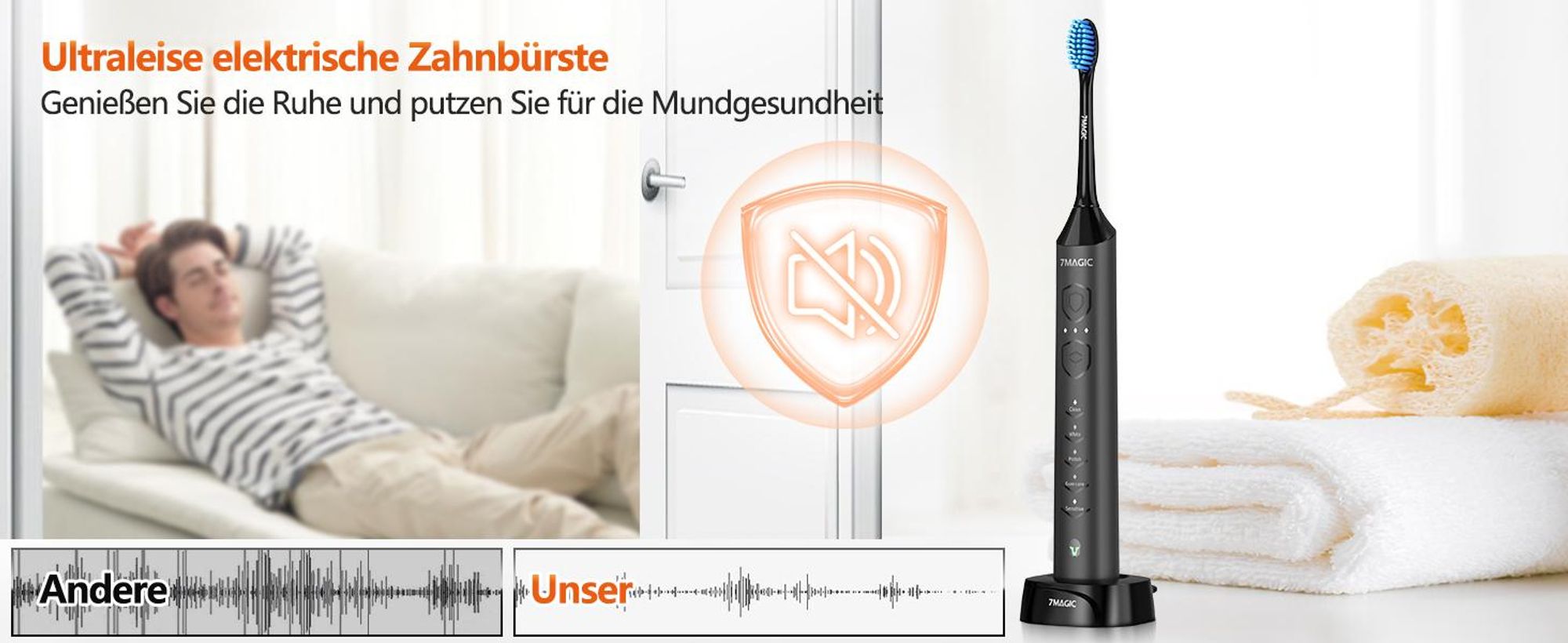 7Magic Elektrische Schallzahnbürste, Deep Clean Modi, 6 Bürstenköpfe, schnelle Aufladung für 60 Tage&40000 VPM, 5 Modi, Erwachsene und Kinder, Schwarz