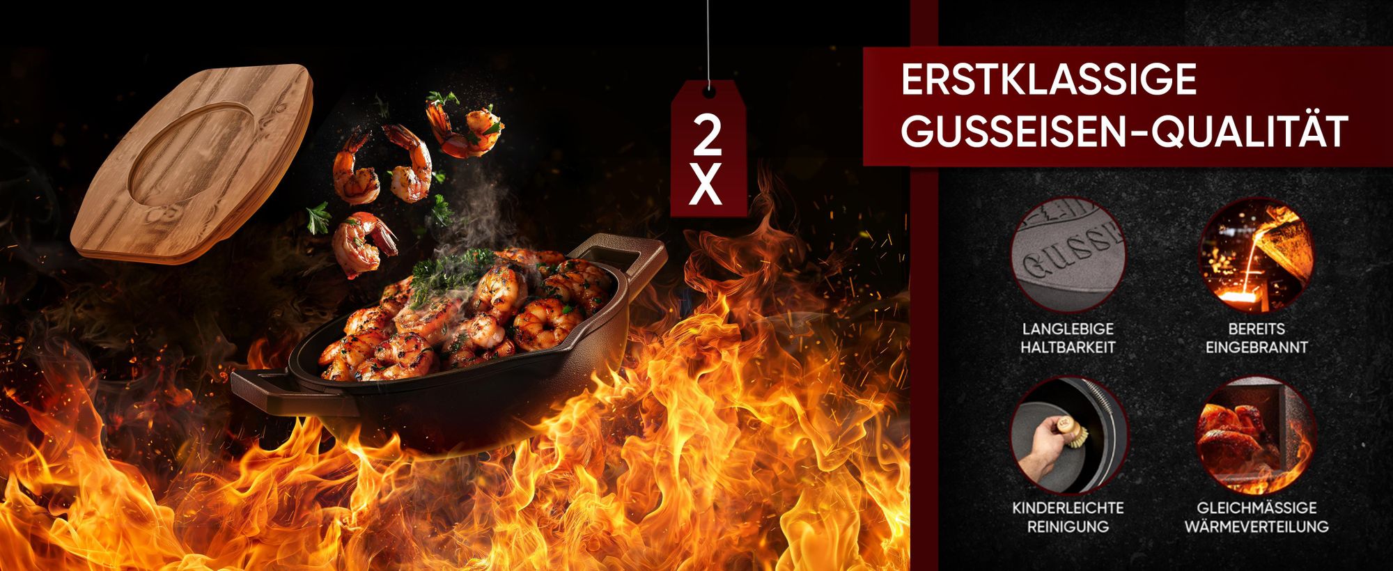 GUSSKÖNIG Gusseisen Grillpfännchen für Grill (2er Set) mit Holz Untersetzer aus Akazienholz - Grillpfannen Set aus Gusseisen
