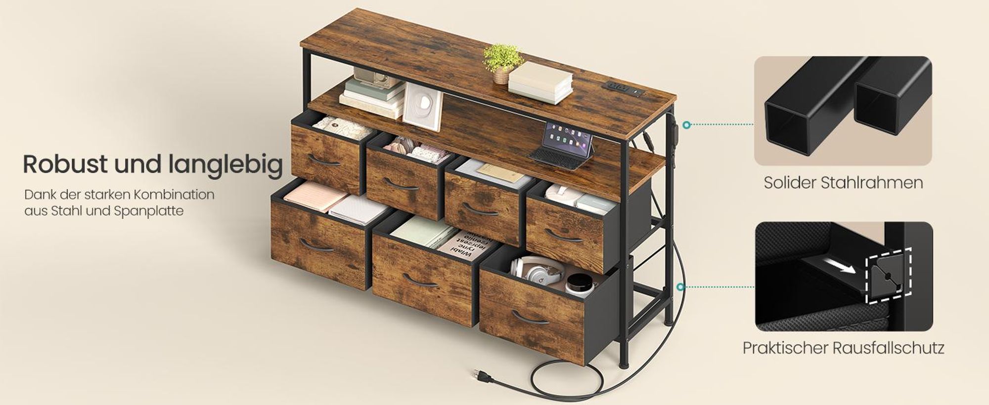 SONGMICS Kommode mit LED-Beleuchtung, Sideboard, Schubladenschrank für Wohnzimmer, mit Ladestation, 7 Schubladen, braun-schwarz