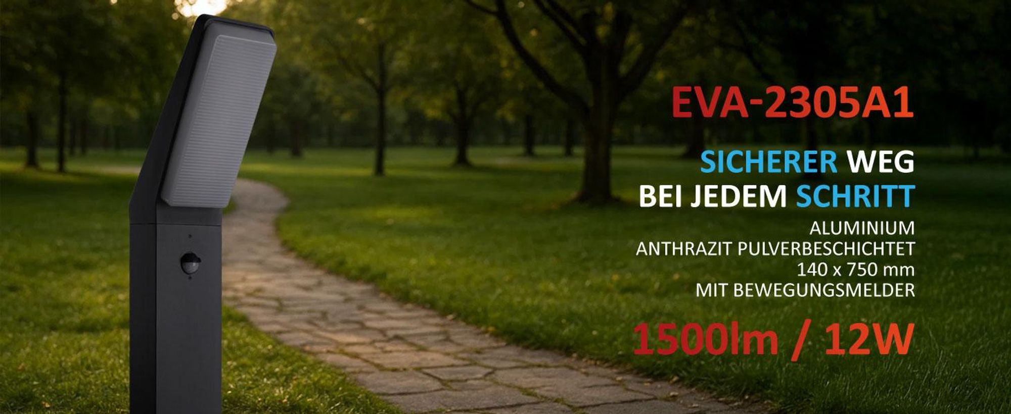 LED Außenstandleuchte EVA mit Bewegungsmelder 12W 1500lm warmweiß 3000K Aluminium Anthrazit IP65 wetterfest für Garten Terrasse Hauseingang