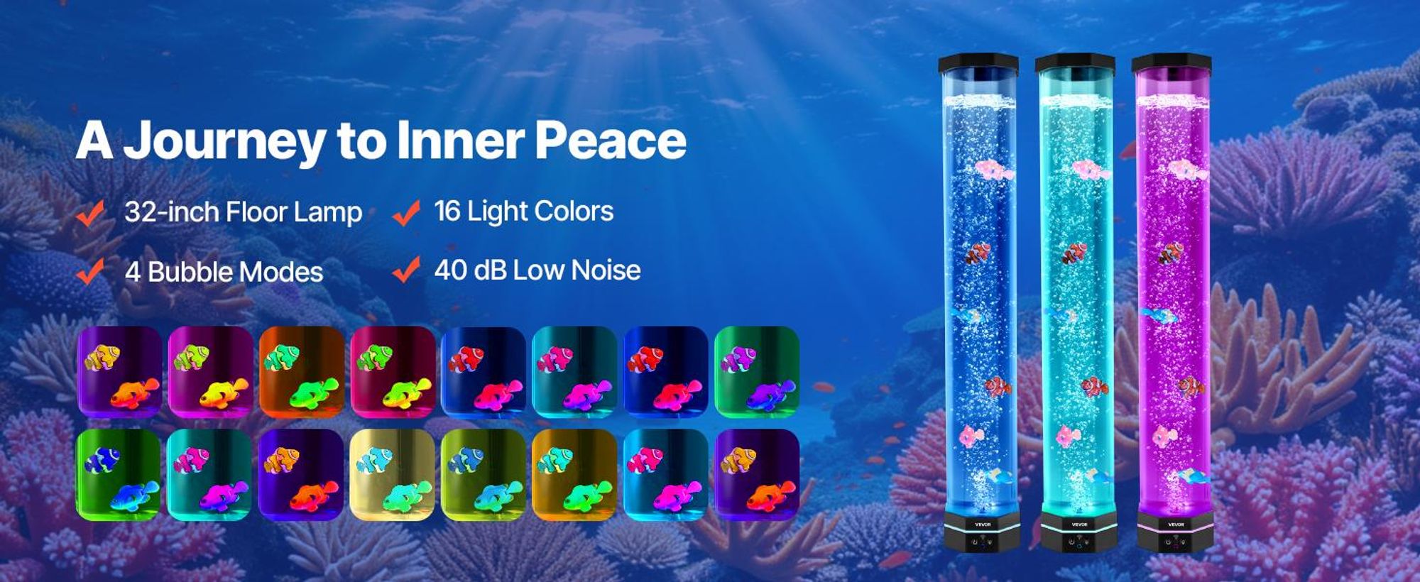 VEVOR Lavalampe mit 6 schwimmenden Fischen, 80 cm, Blasenlichtlampe, 16 Farbwechsel-Lichteffekte, Fernbedienung, Stimmungslicht, Aquarium Nachtlicht für Schlafzimmer, Wohnzimmer, Heimdekoration