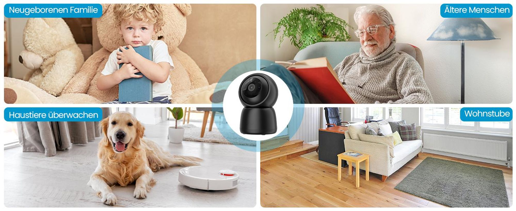 Überwachungskamera Innen, 2K Kamera Überwachung Innen, 360° WLAN Kamera Indoor, Zwei-Wege-Audio, 15M Nachtsicht, PIR Bewegungserkennung, Auto Tracking