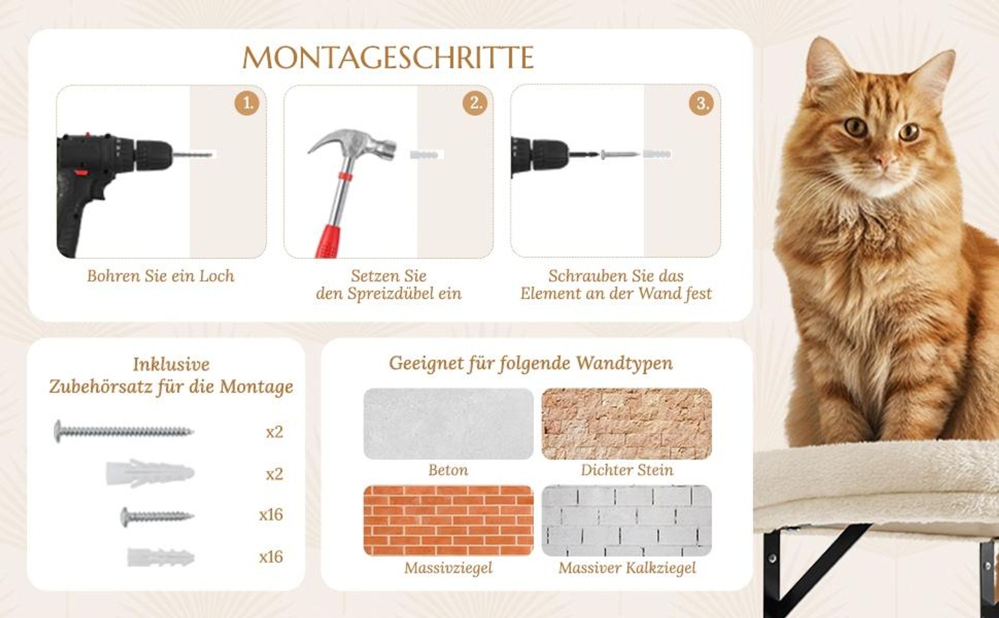 Yaheetech Katzen Kletterwand, 4er Set, inkl. Katzenhöhle Katzenliege Plattformen Kratzbrett & Katzenkorb, Beige