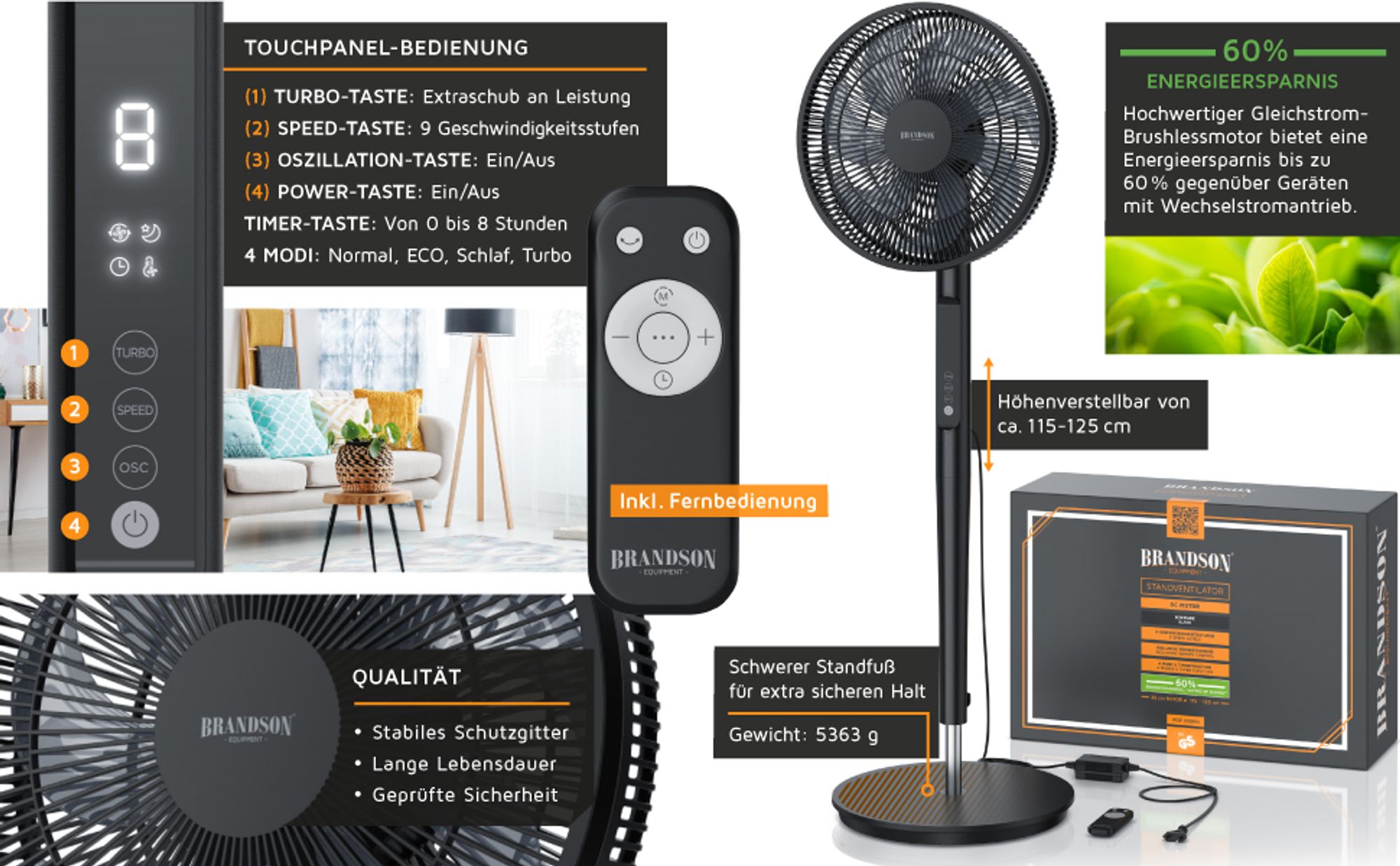 Schwarzer Standventilator mit Touch-Bedienfeld, Fernbedienung und passender Verpackung