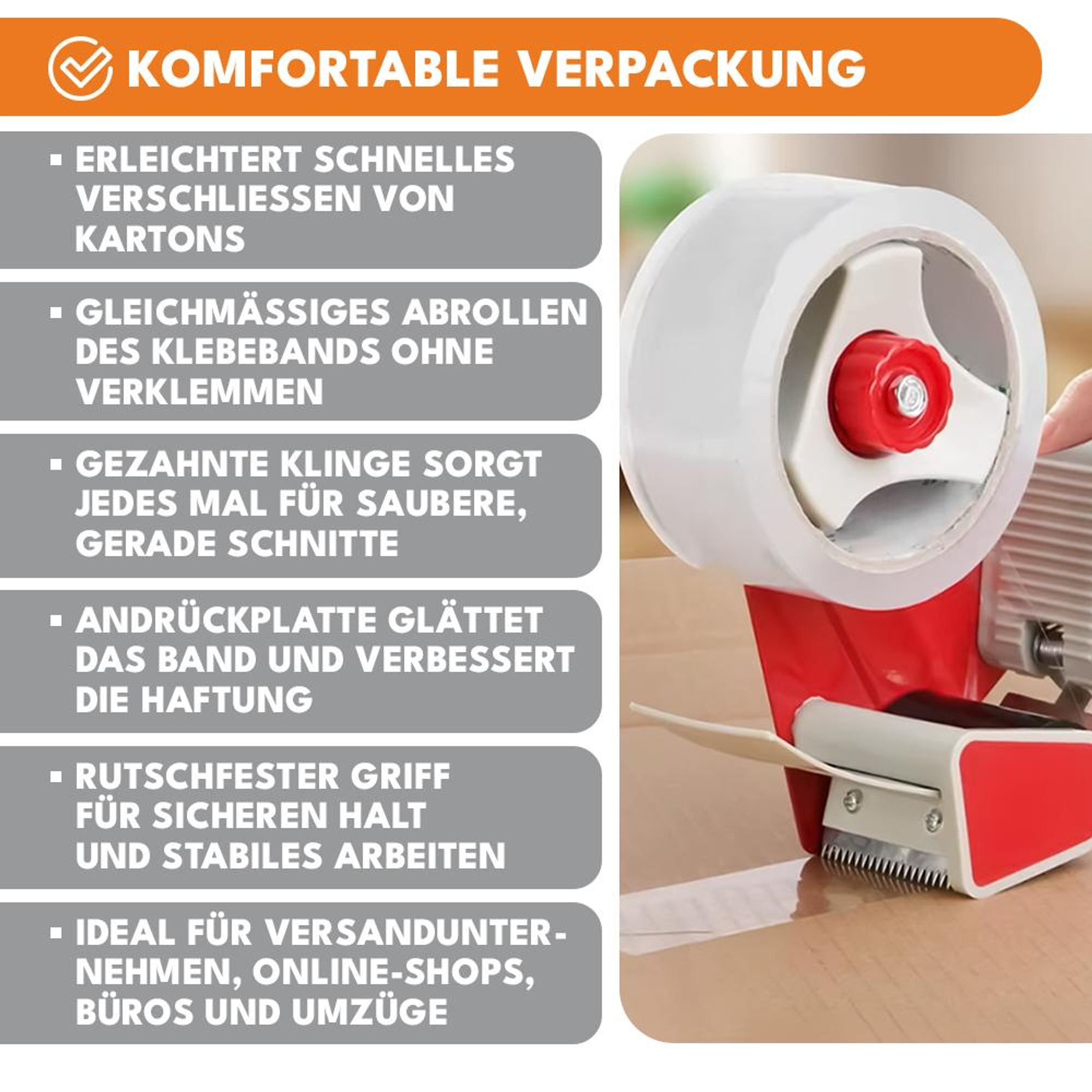 KRUMAD Paketbandabroller 48–50 mm – robuster Handabroller mit ergonomischem Griff – Klebebandabroller für Umzug, Lager, Büro & Versand