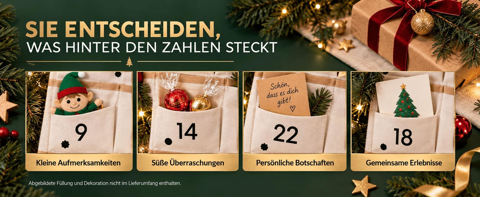 Adventskalender 24 Taschen zum Befüllen, Stoff Weihnachtskalender zum Aufhängen, wiederverwendbar, Weihnachtsdeko