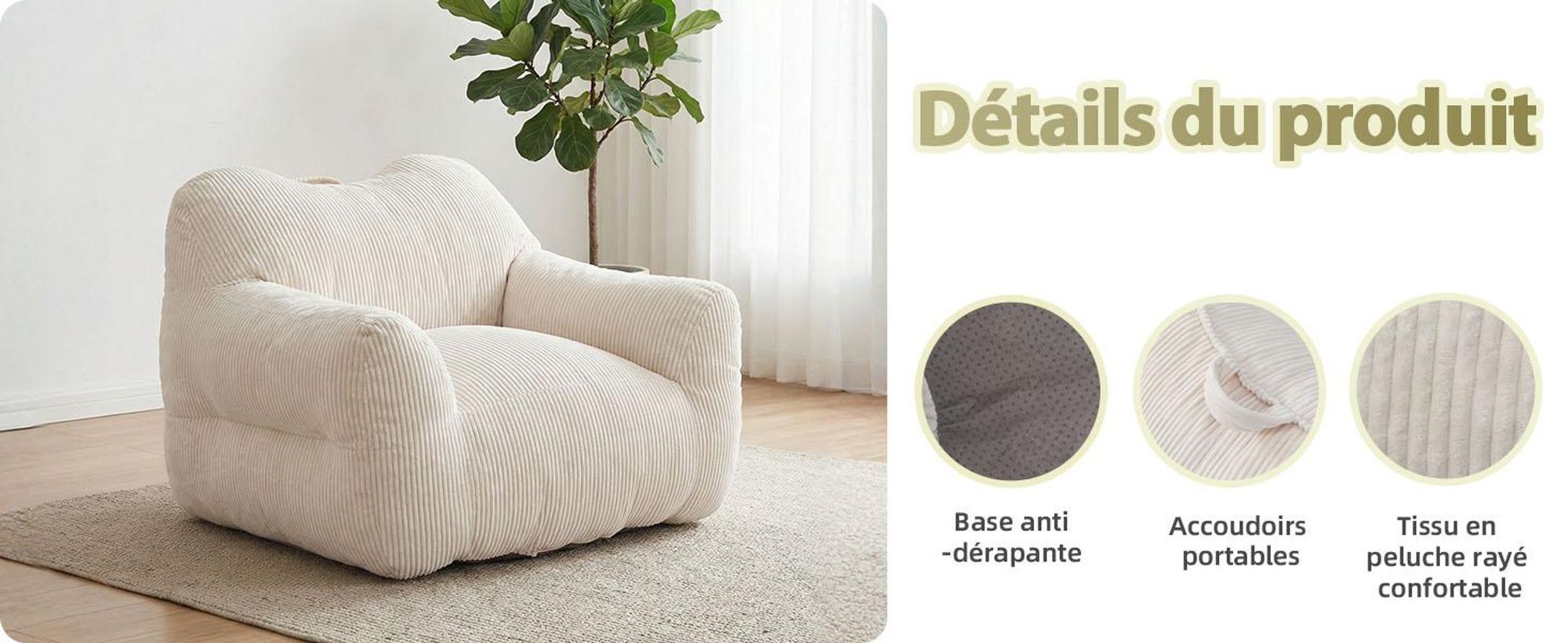 Pouf géant pour adulte, rembourrage en mousse déchiquetée, canapé de sol moelleux, forme carrée, beige