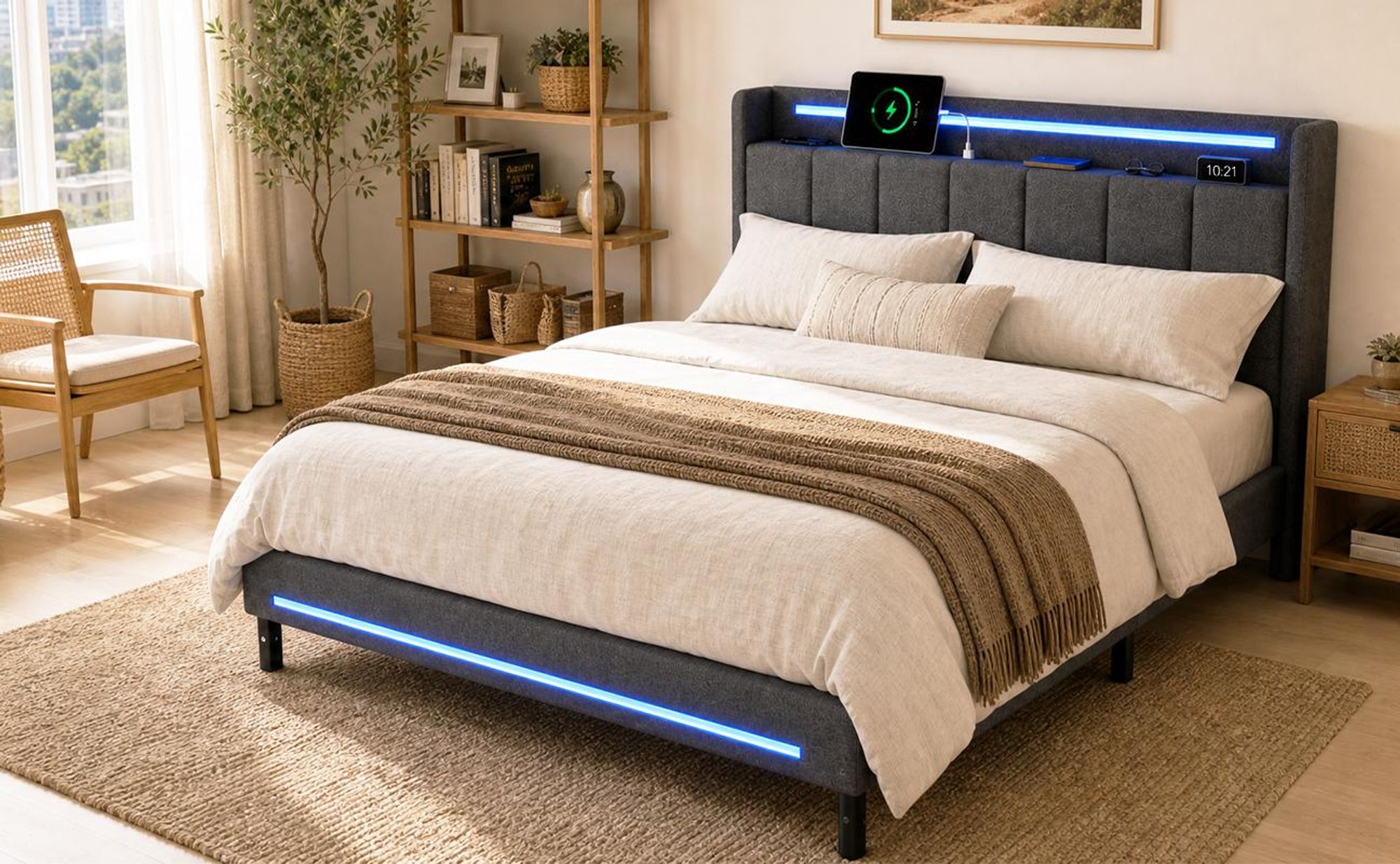 Polsterbett mit LED-Beleuchtung und USB-Ladefunktion, für Matratze 140x200cm, Doppelbett mit gepolstertem Kopfteil