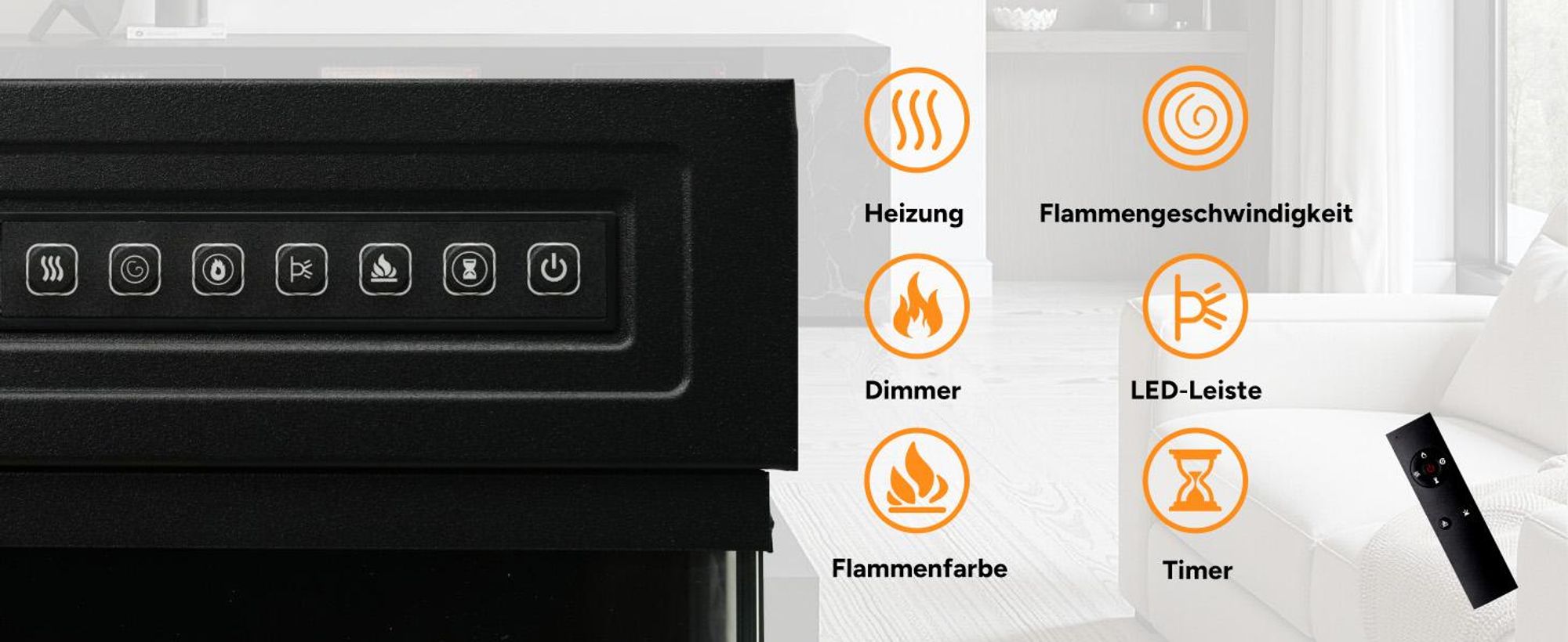 HOMAVO 36-Zoll Elektrokamin mit Heizung - 1000 / 2000W - Stand / Einbaukamin - 3D Flammenfarben - LED & Timer
