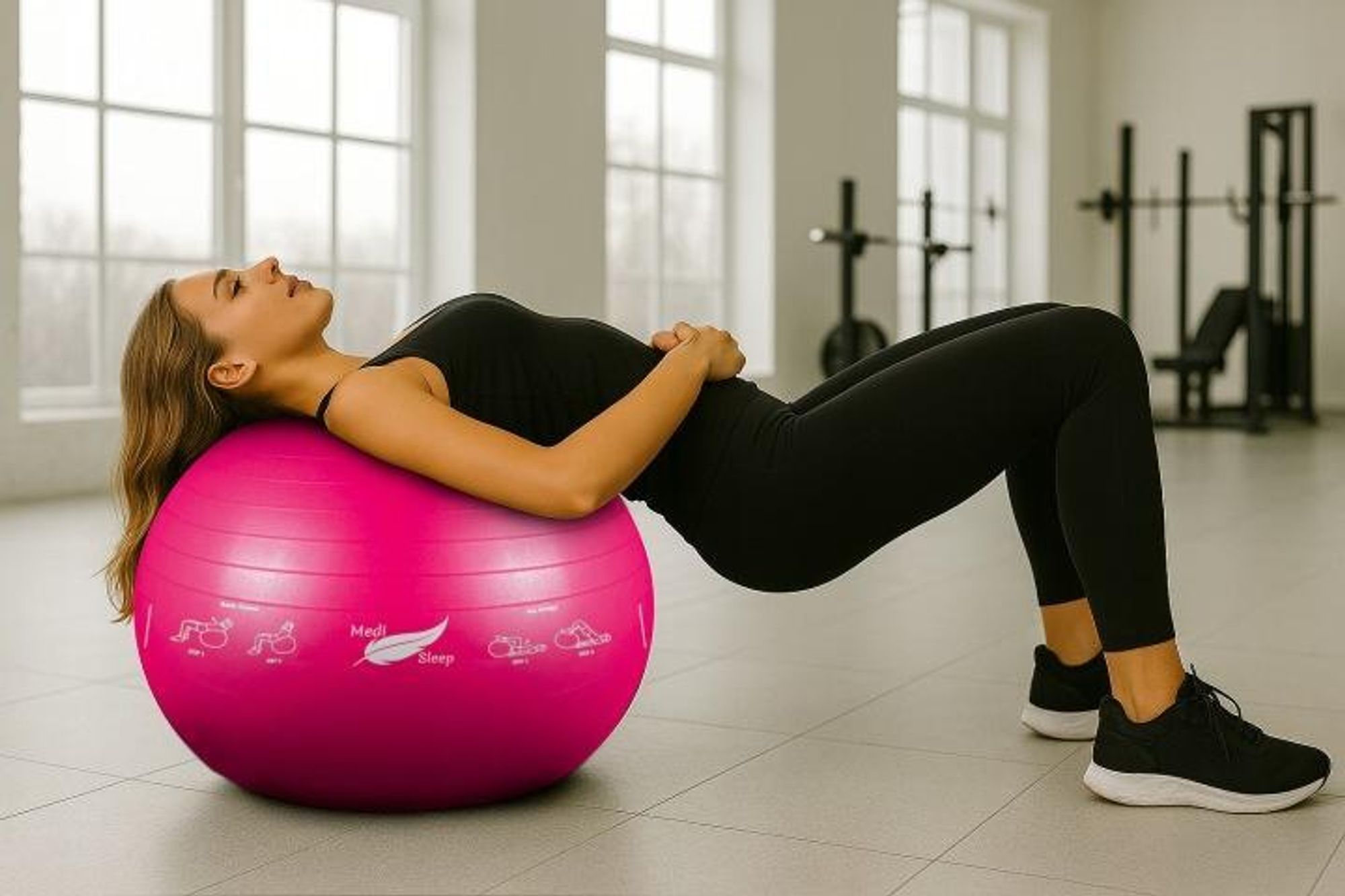 Ružová cvičebná lopta 65 cm s pumpičkou, fitness lopta s vyrysovanými cvikmi