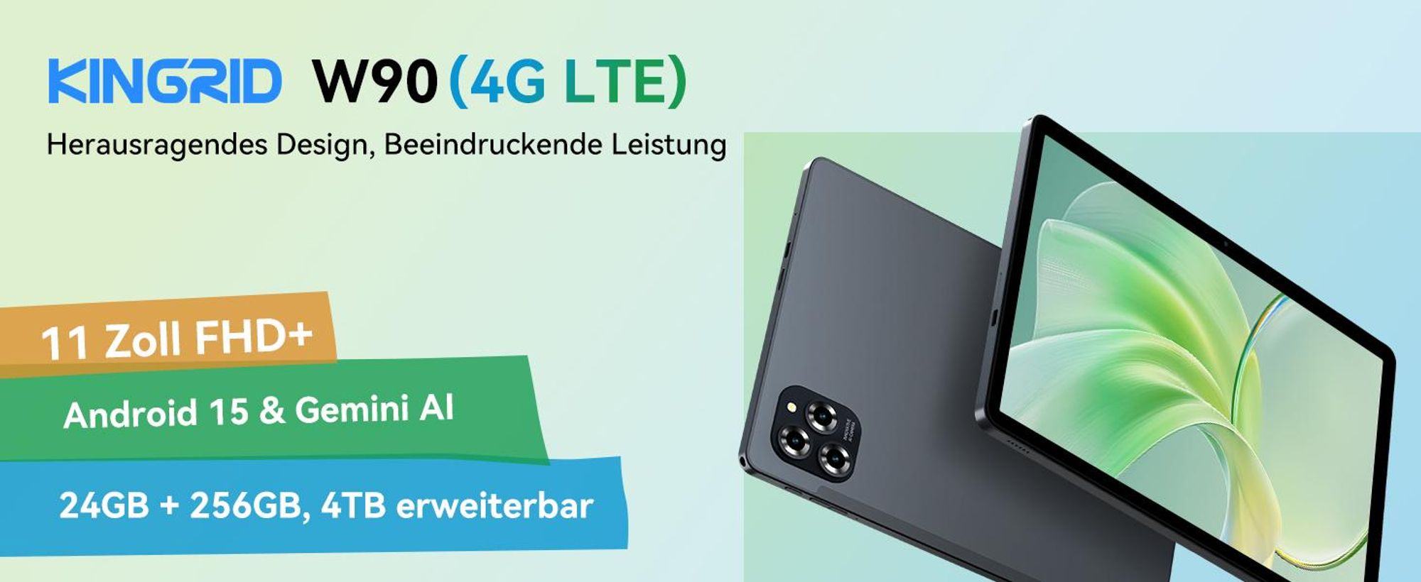 KINGRID W90 Tablet mit 4G LTE, 5G WIFI, 11 Zoll FHD+ Display, Android 15, Gemini-KI, 24GB+256GB, 4TB erweiterbar, 1080P, 16MP+8MP, 8000 mAh Akku