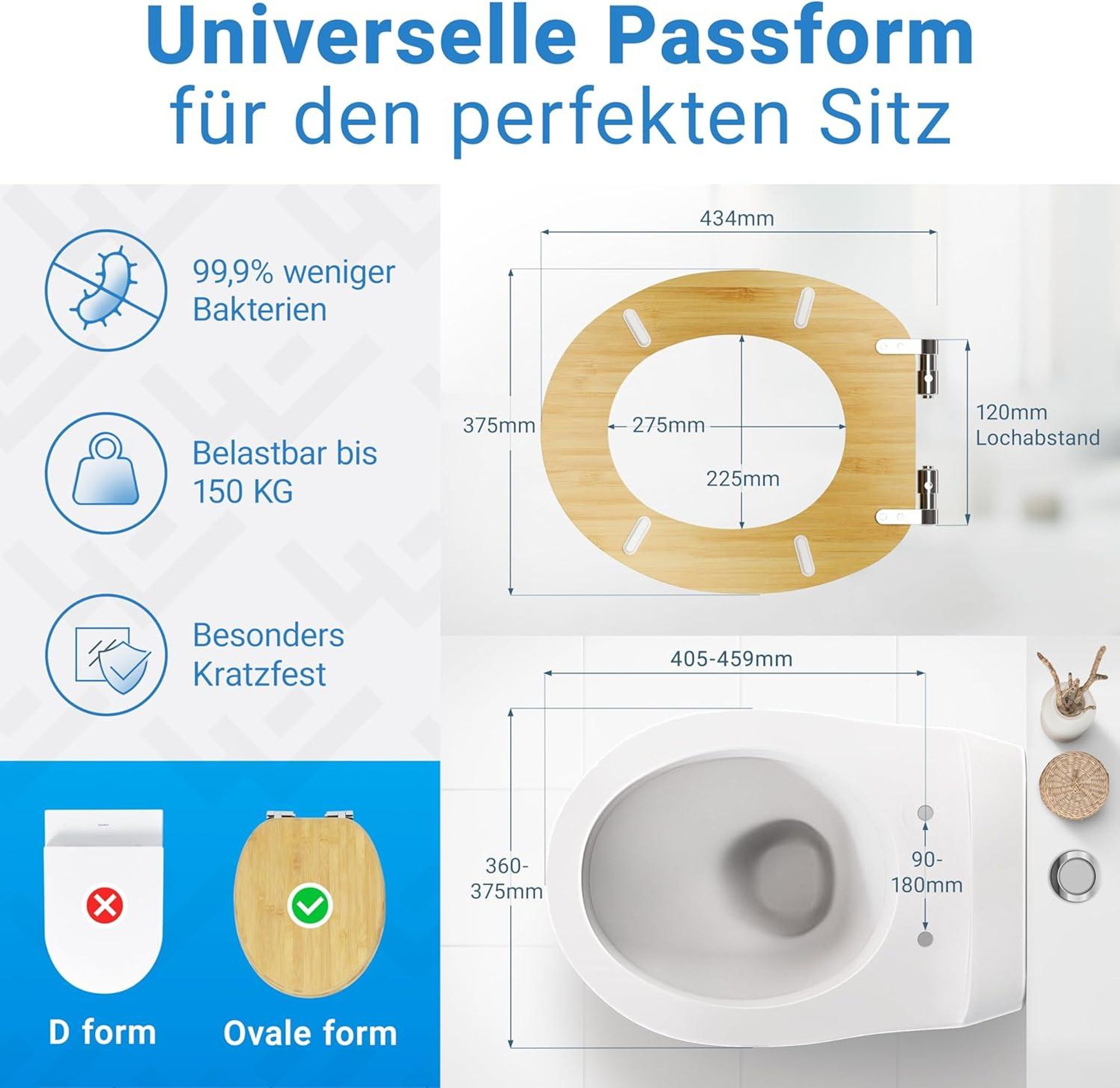 LOBENSWERK Toilettendeckel Bambus [Einfache Montage] mit Soft-Touch Beschichtung | antibakteriell - UV-beständig | Quick-Release-Funktion | Klodeckel