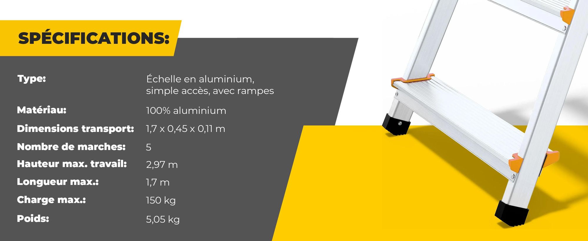 Drabest | échelle - 5 marches, charge max. 150kg - échelle avec mains courantes, échelle en aluminium, pieds antidérapants, escabeau, échelle pliante