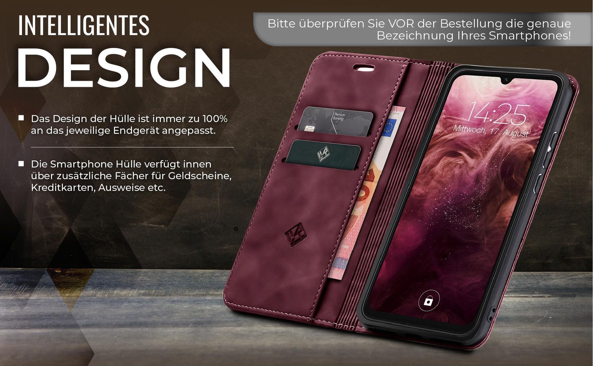 Edle Schutzhülle in Weinrot für Huawei Mate 20 mit Kartenfächern und Geldfach