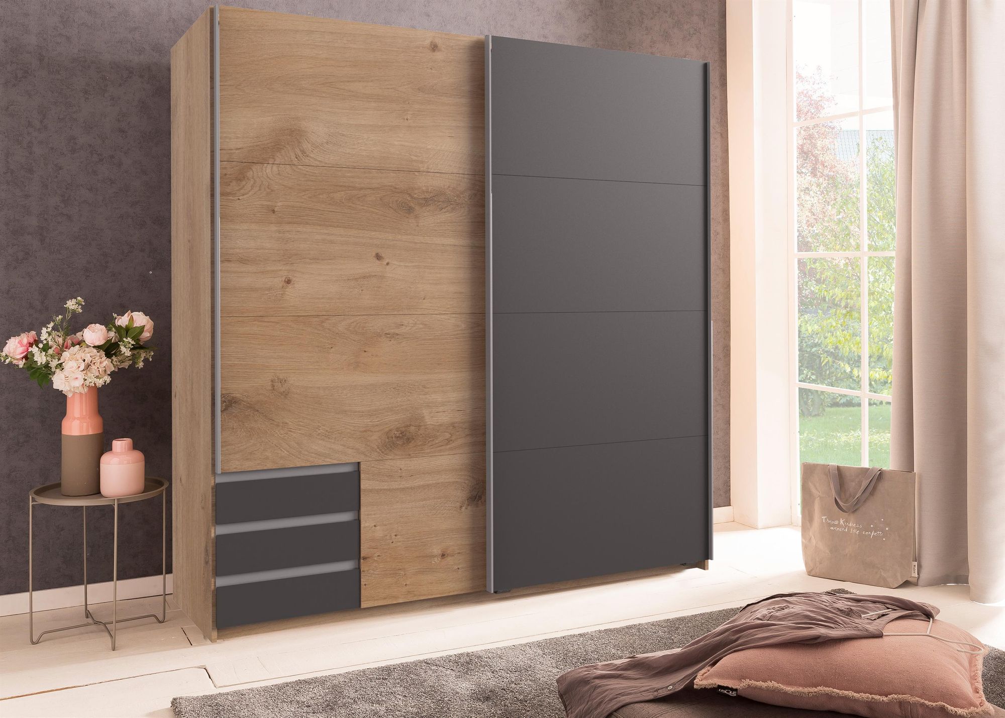 Eugenio III – Schwebetürenschrank mit großzügigem Stauraum und modernem Plankeneiche-Design
