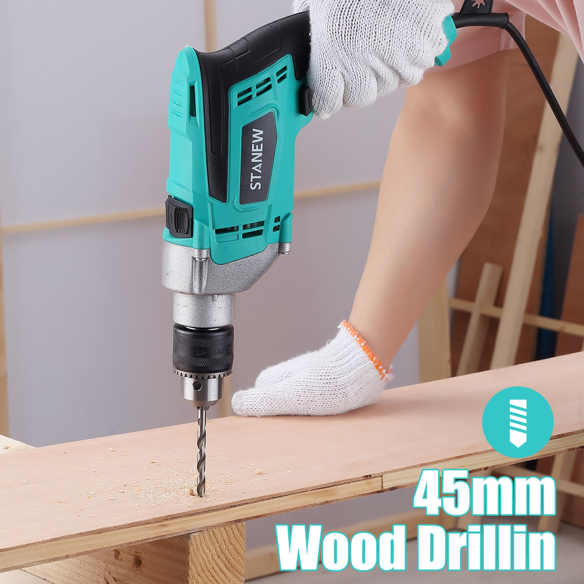 STANEW Schlagbohrmaschine 850W mit Kabel, 2 in 1 Schnur-Schlagbohrer 0–2700 U/min, 27 Zubehörteilen, 360° Drehgriff & 0-13mm Bohrfutter