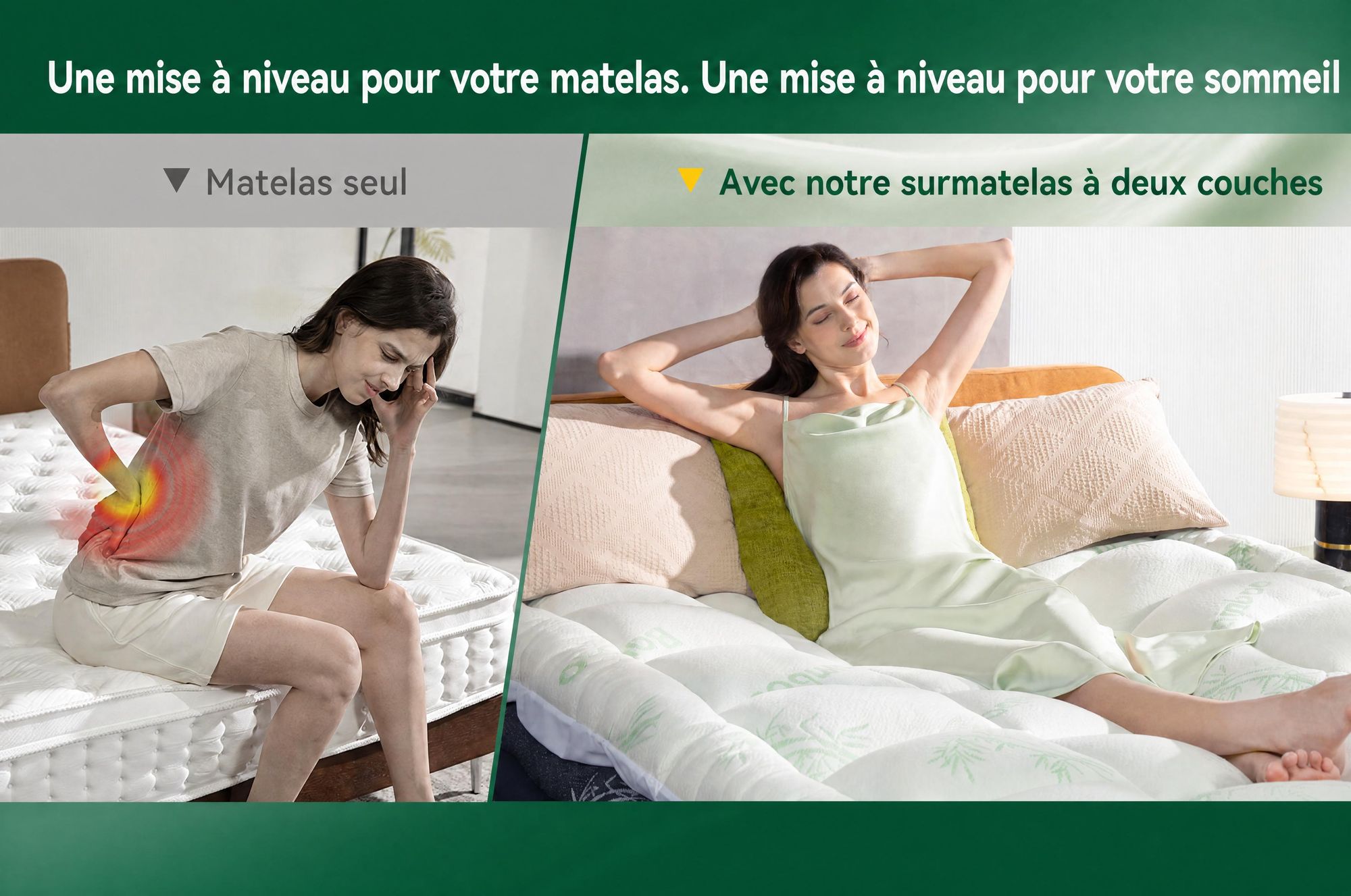 NicePlus, surmatelas 2 en 1, 90x200x7 cm, mousse à mémoire de forme à 5 zones + garniture supérieure en bambou, avec élastiques d'angle pour tous les matelas, fermeté H2/H3, couleur verte