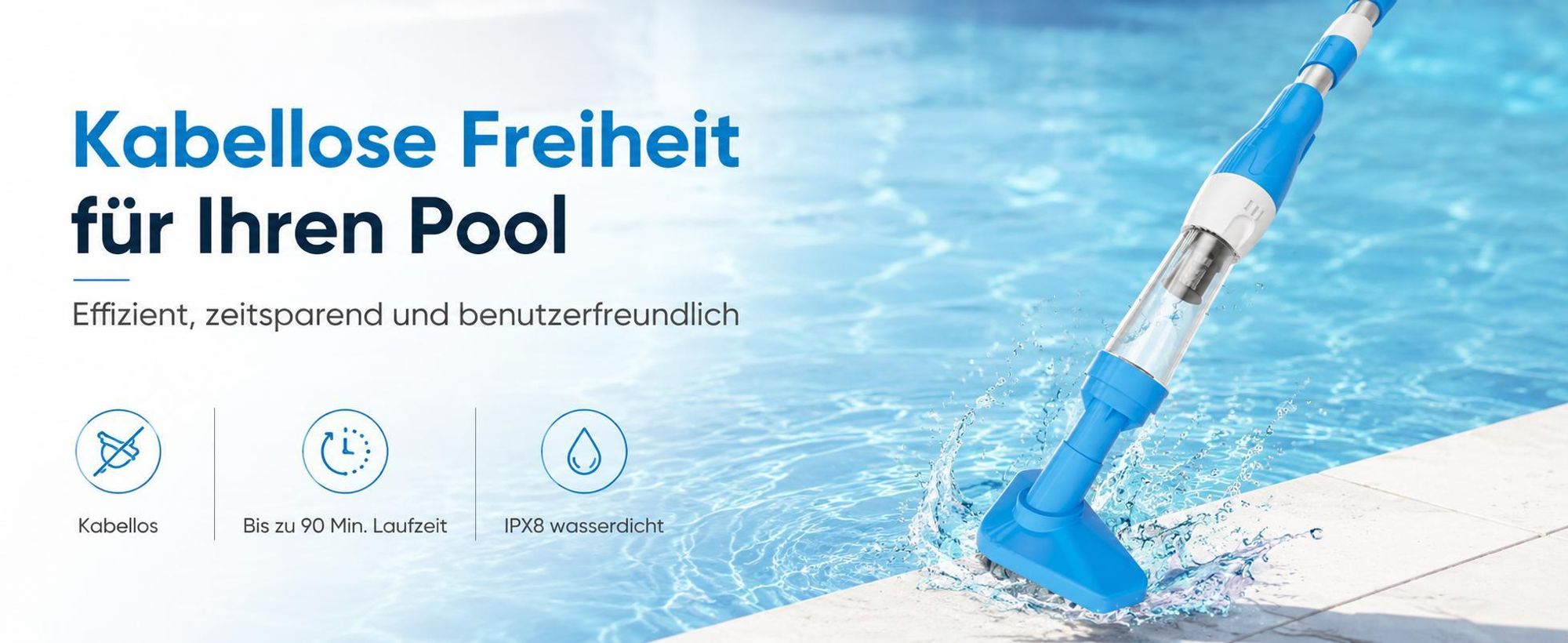 3 in1 Poolsauger Kabelloser, Akku Handpoolsauger, 90 Min Laufzeit, Teleskopstange & Bürste, Mit Filterelement, für Sand und Schmutz, 0.23L, Blau