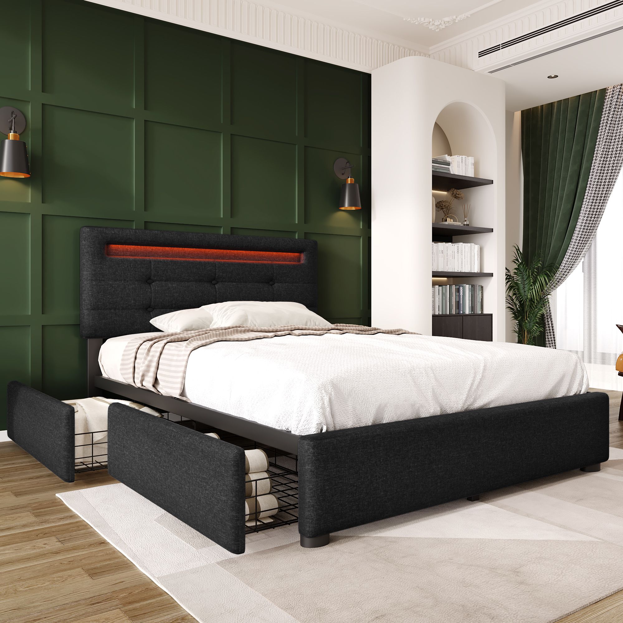 Flieks Polsterbett 90x200cm mit LED und höhenverstellbarem Kopfteil, Einzelbett mit Lattenrost und 2 Schubladen, Stauraumbett Leinen, Schwarz