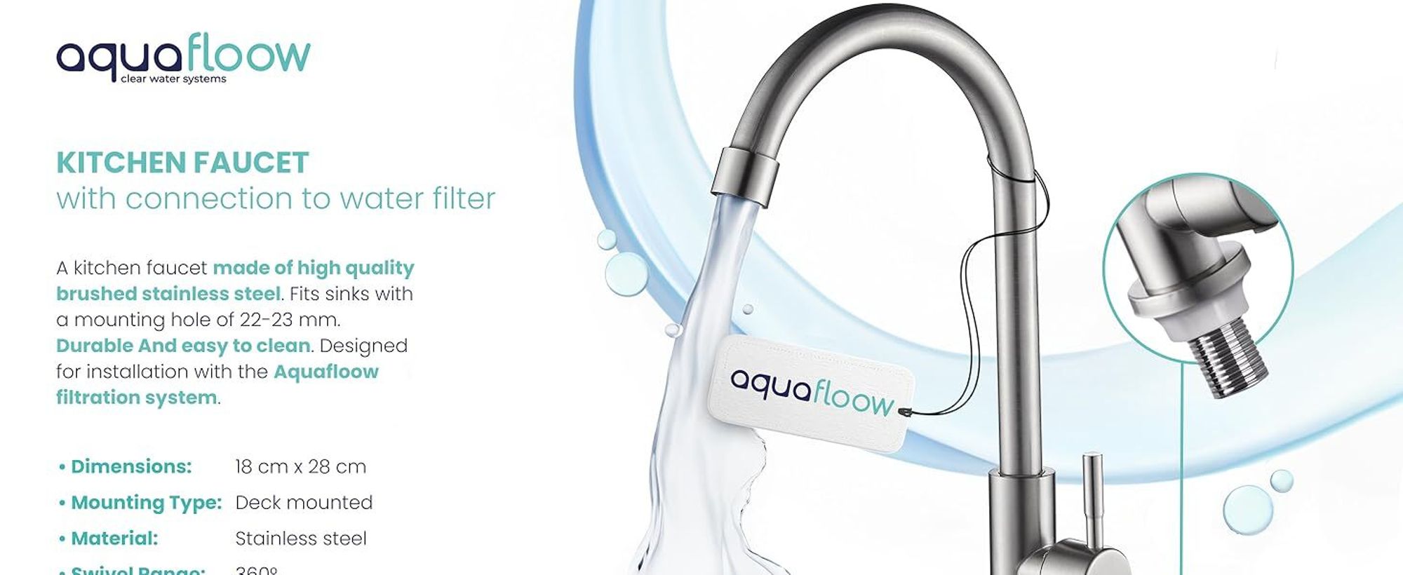 AquaFloow Edelstahl Küchenarmatur mit Wasserfilter Anschluss 360° drehbar Silber