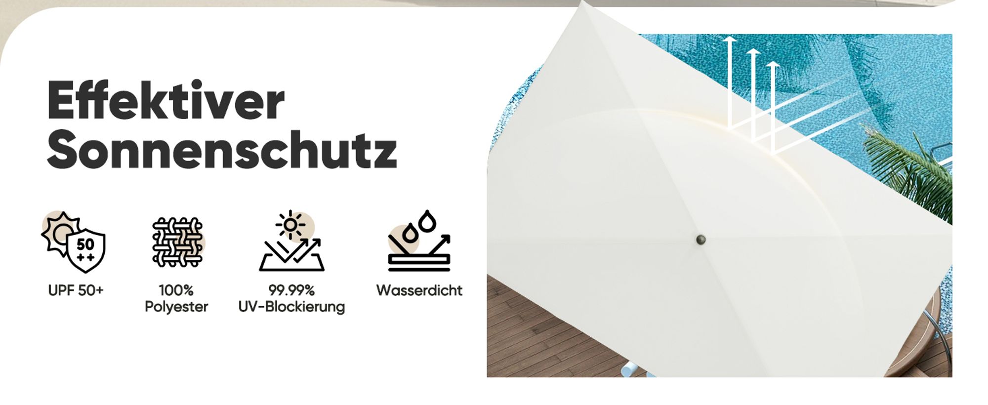 Sekey Sonnenschirm Balkon Rechteckig 200×125 cm Balkonschirm mit Tragetasche Neigungswinkel & Höhe verstellbar Sonnenschutz UPF 50+, Hellbeige